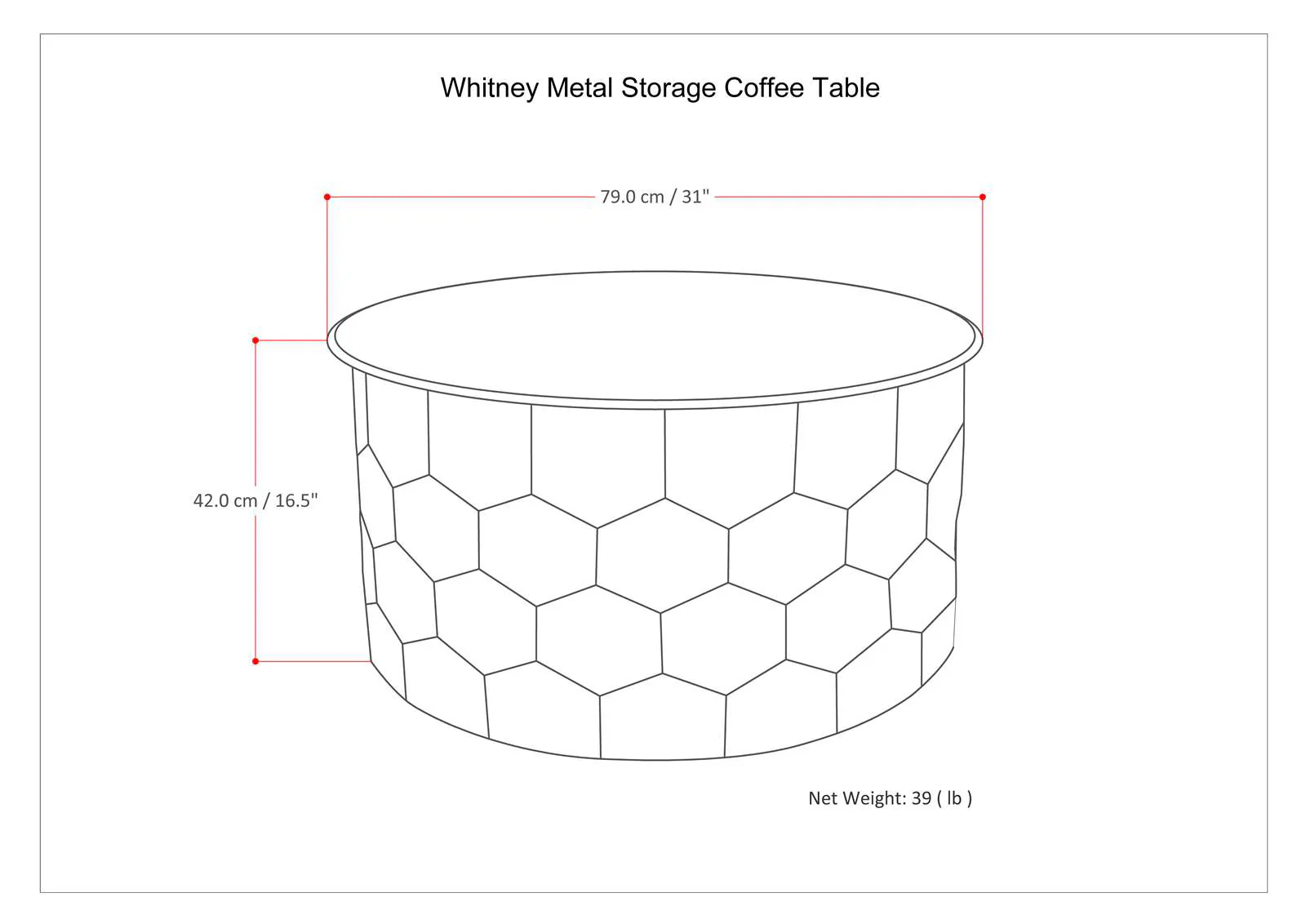 Metal Coffee Table with Removable Round Top and Honey Comb Design