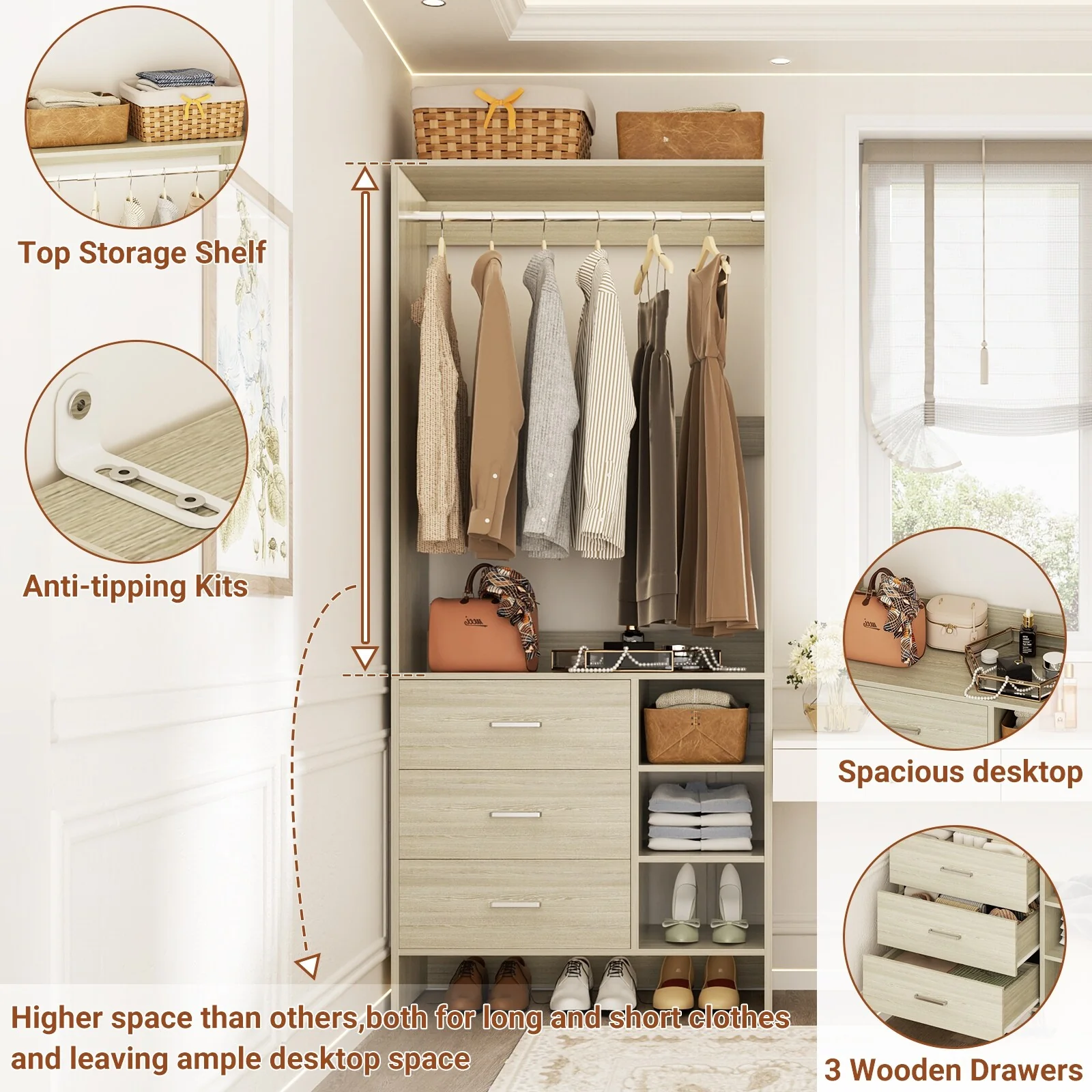Cimly 30'' W Freestanding Closet Sytem with Hanging Rod, Closet Organizer with Drawers and Shelves