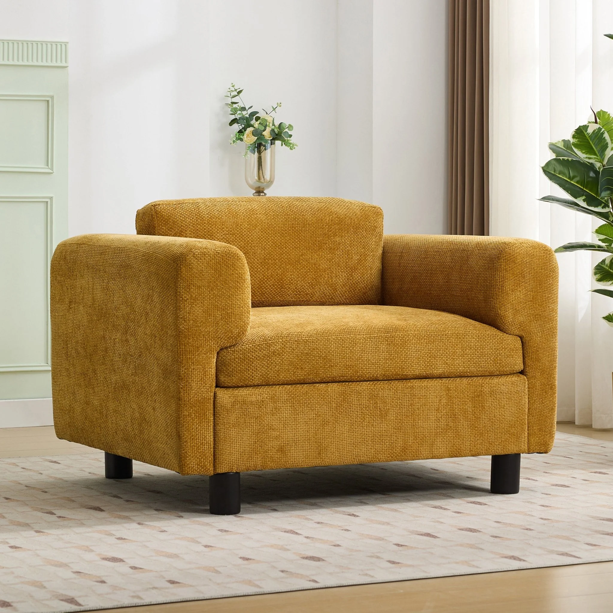 Elixired Upholstered Arm Chair with Tucked Armrests and Round Rubberwood Legs