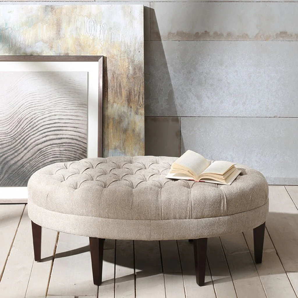 Ottoman with Button Upholstered Seat, Tufted Top and Wood Leg