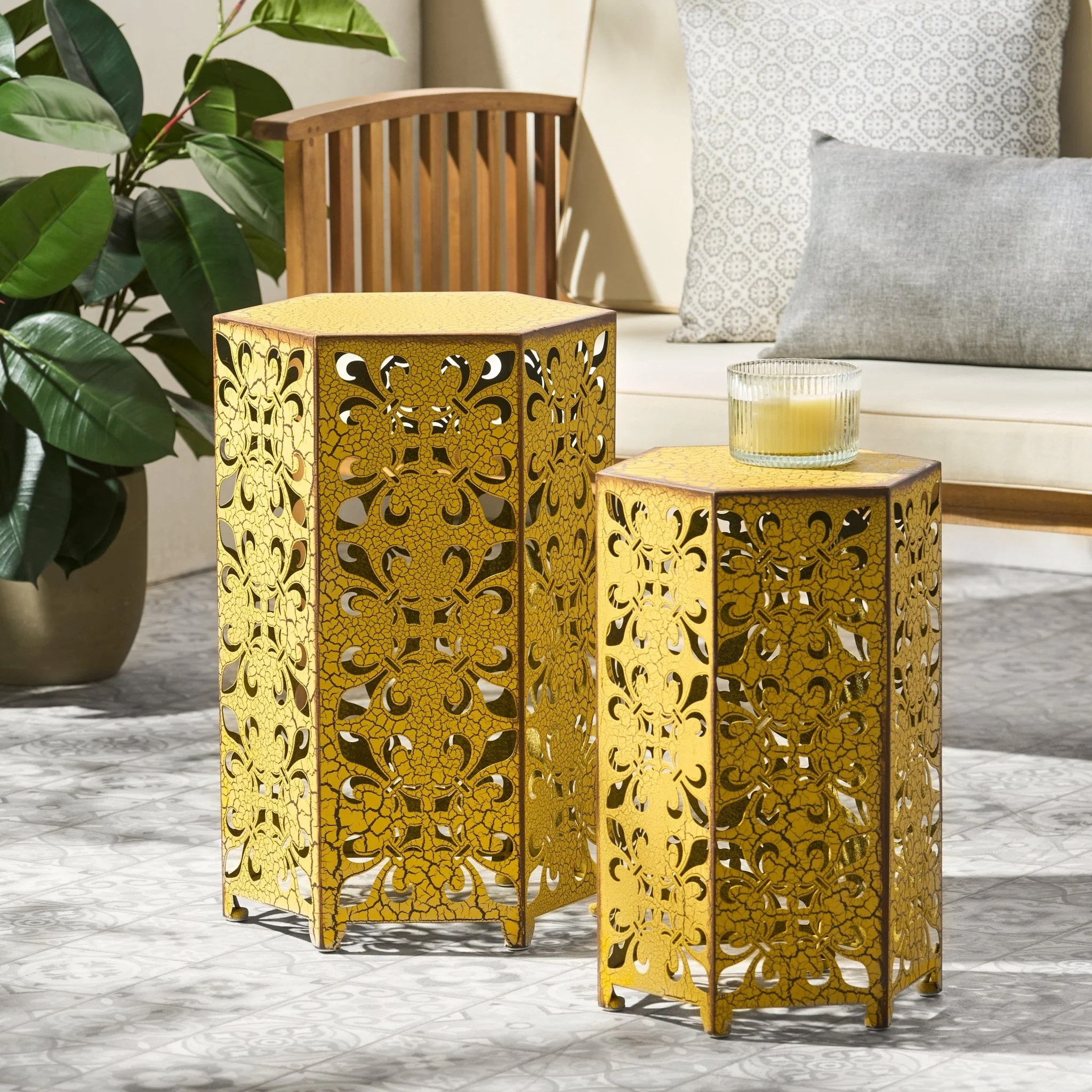 Outdoor Hexagonal Accent Tables with Charming Fleur-de-lis Panel Sides, Set of 2