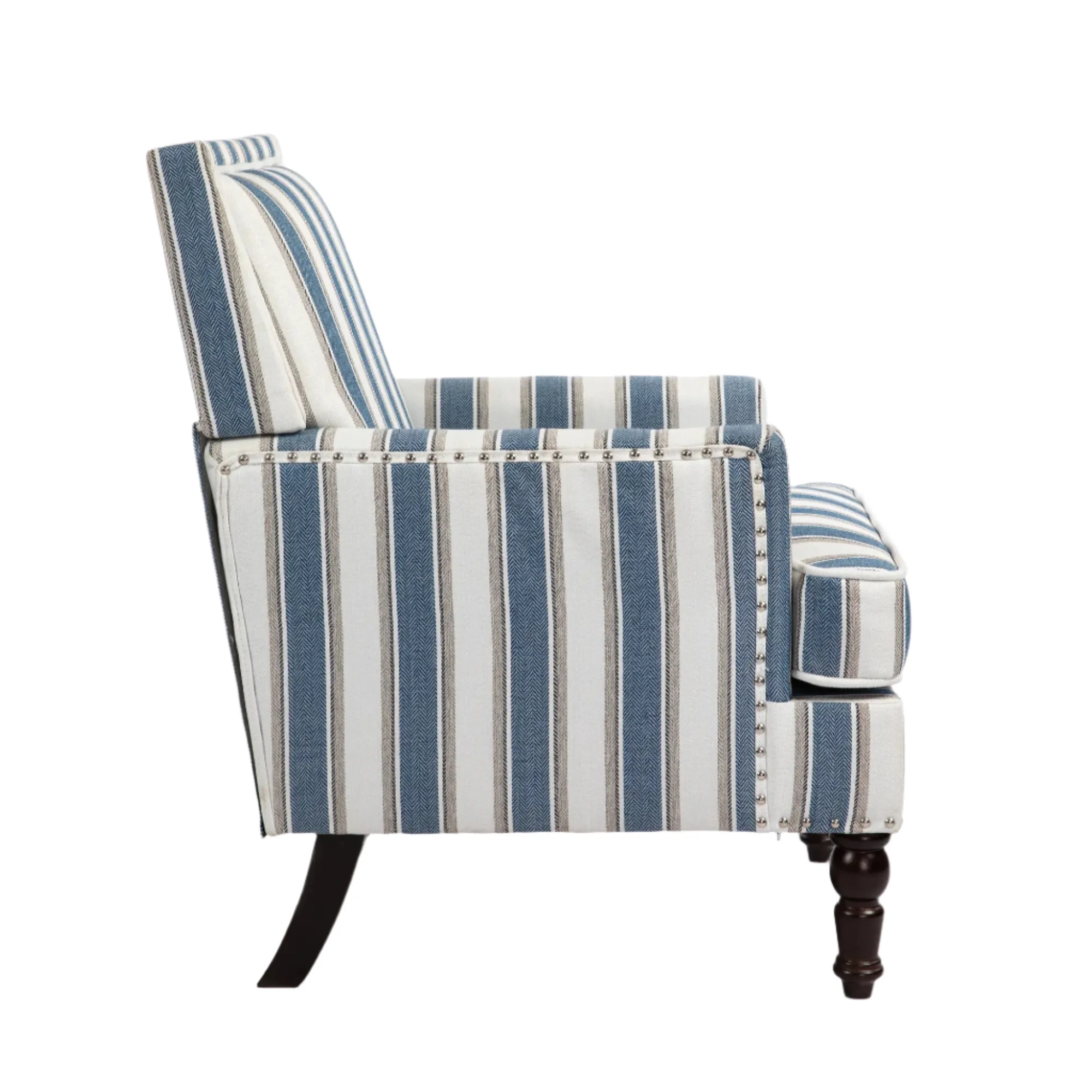 Upholstered Accent Chair with Striped Linen Fabric and Nailhead Trim