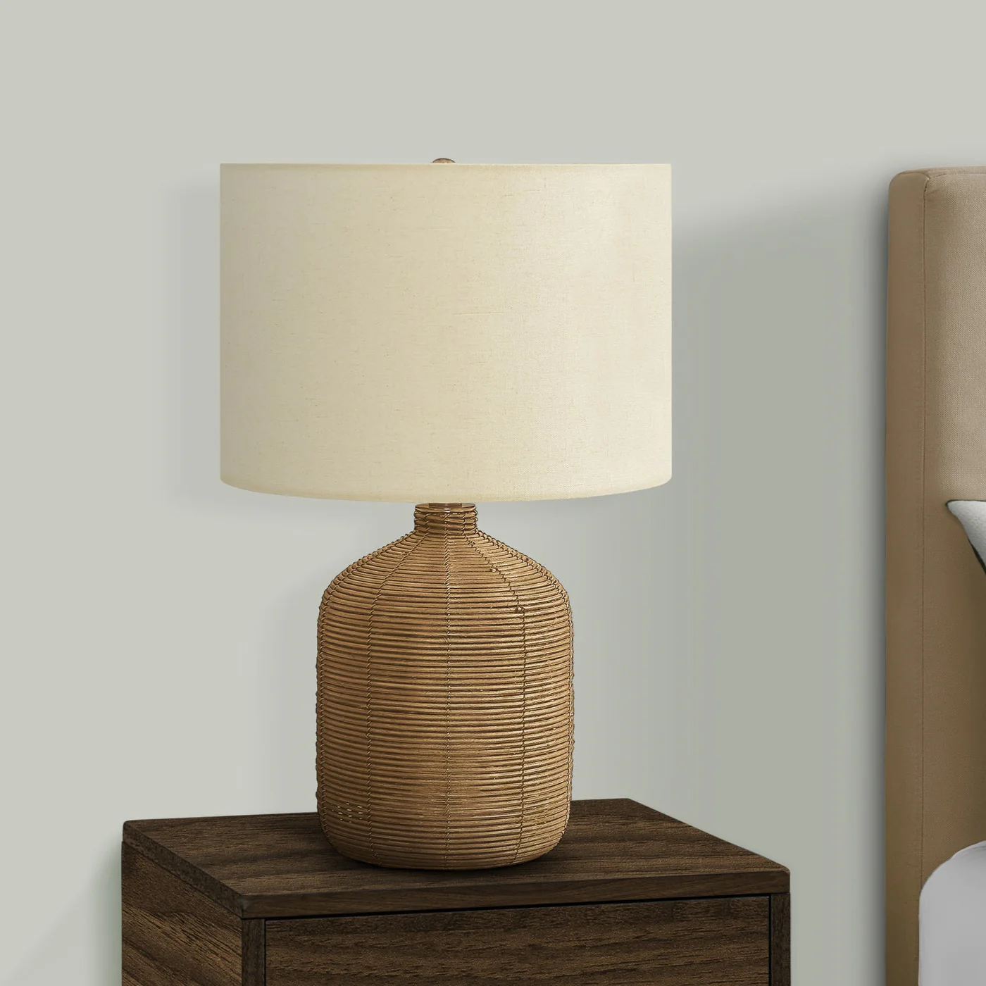 Captions 23 Table Lamp with Rattan Base and Linen Drum Shade
