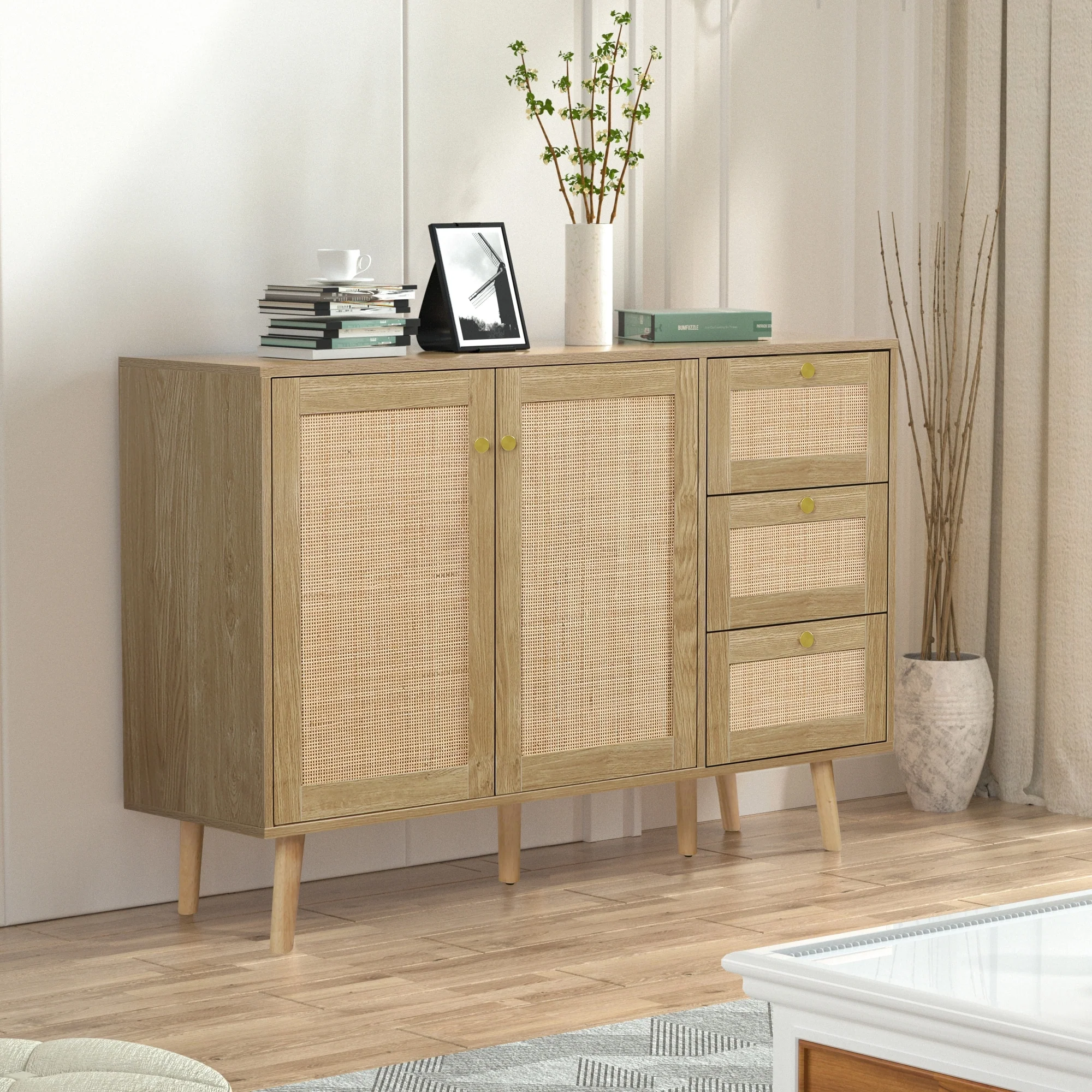 Anmytek Mid-Century Modern 2-Door Wood Rattan Buffet Sideboard Kitchen Storage Cabinet with 3 Drawers