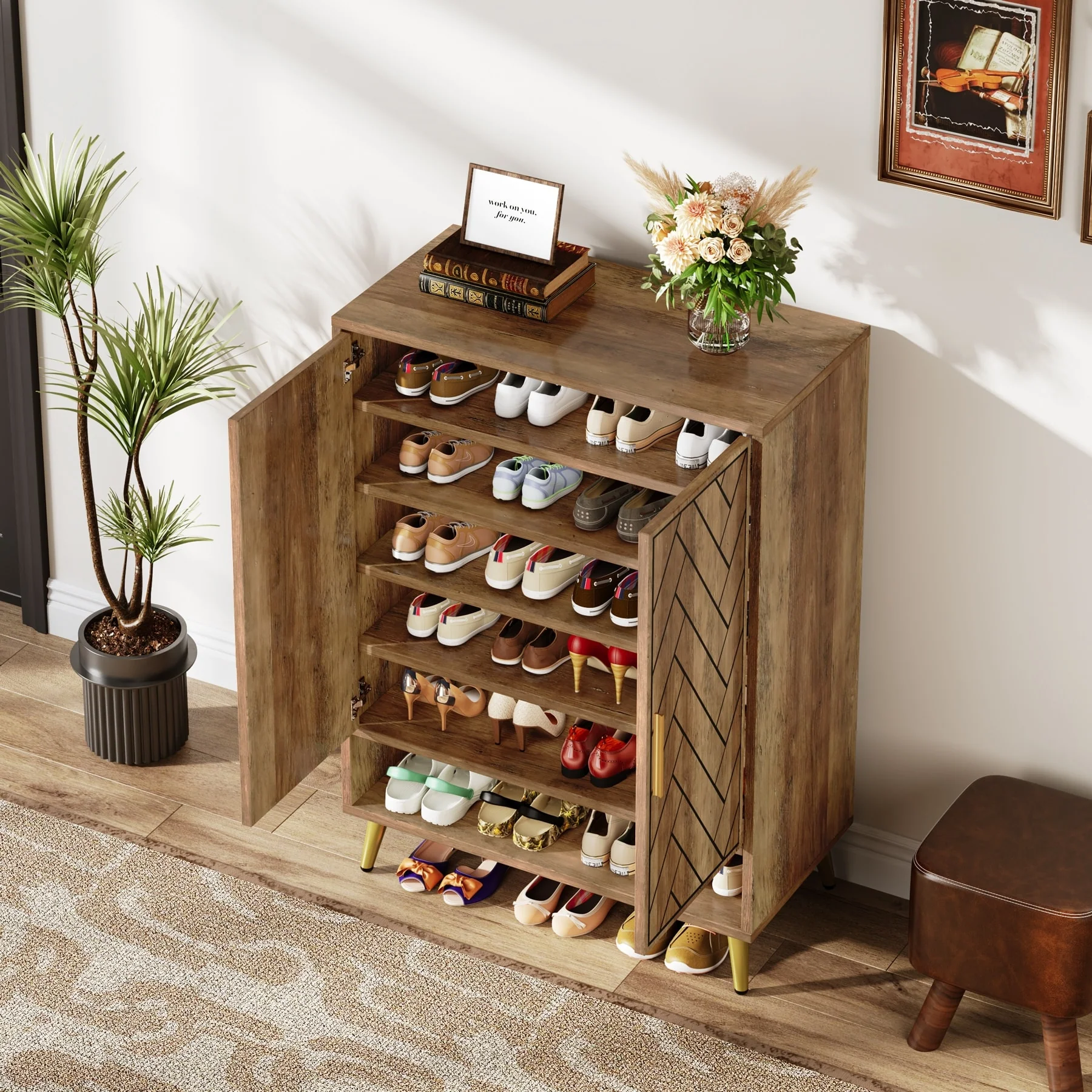 Walnut Shoe Cabinet, 6-Tier Wooden Shoe Organizer with Stable Leg