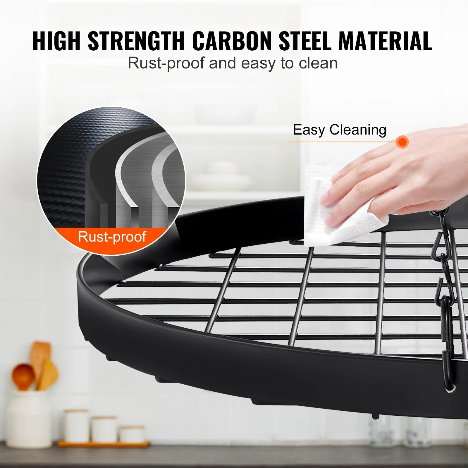 Black Carbon Steel Ceiling Mounted Hanging Pot Rack with S Shaped Hooks Ideal for Home or Restaurant