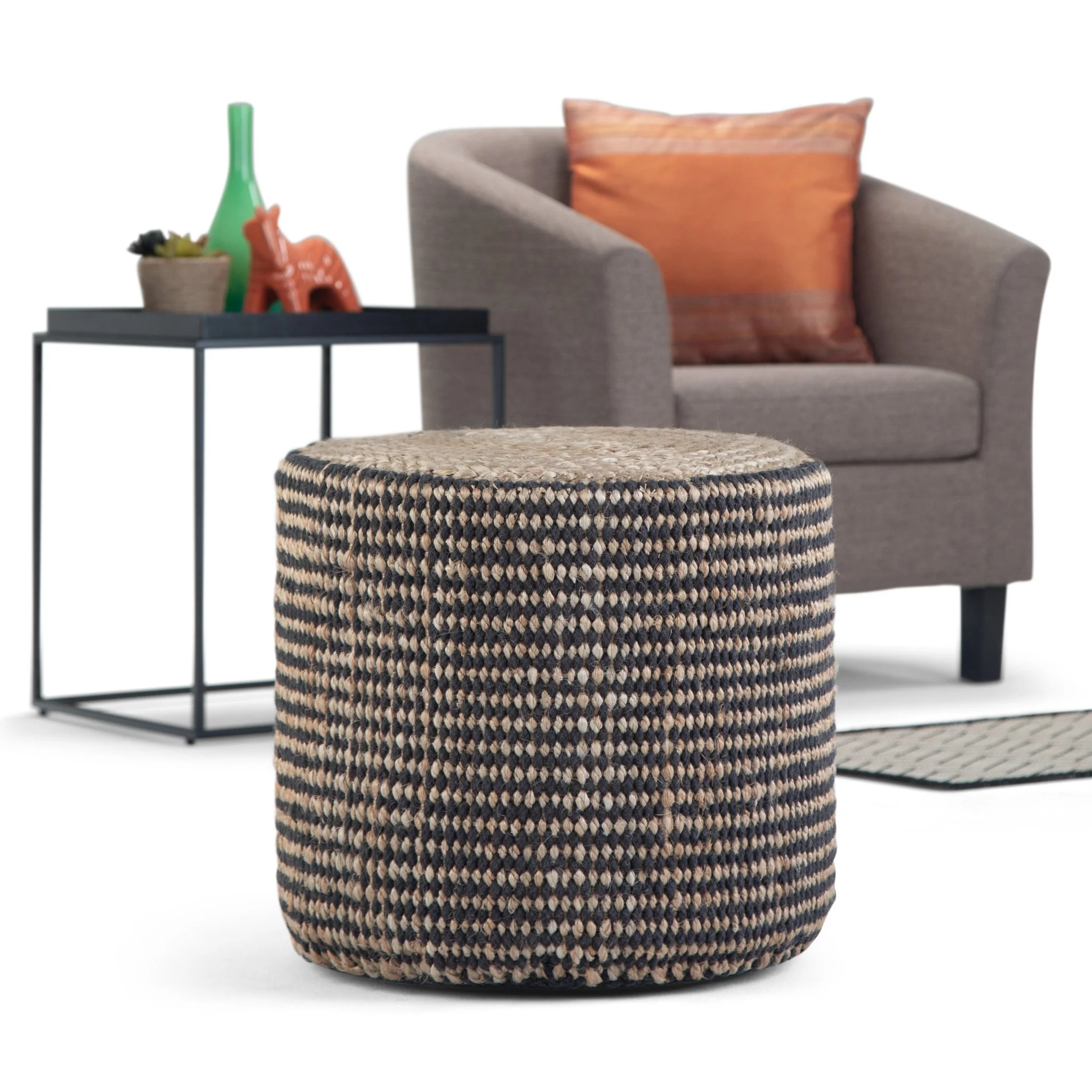 Multi-functional Handcrafted Round Pouf with Hand Braided Jute