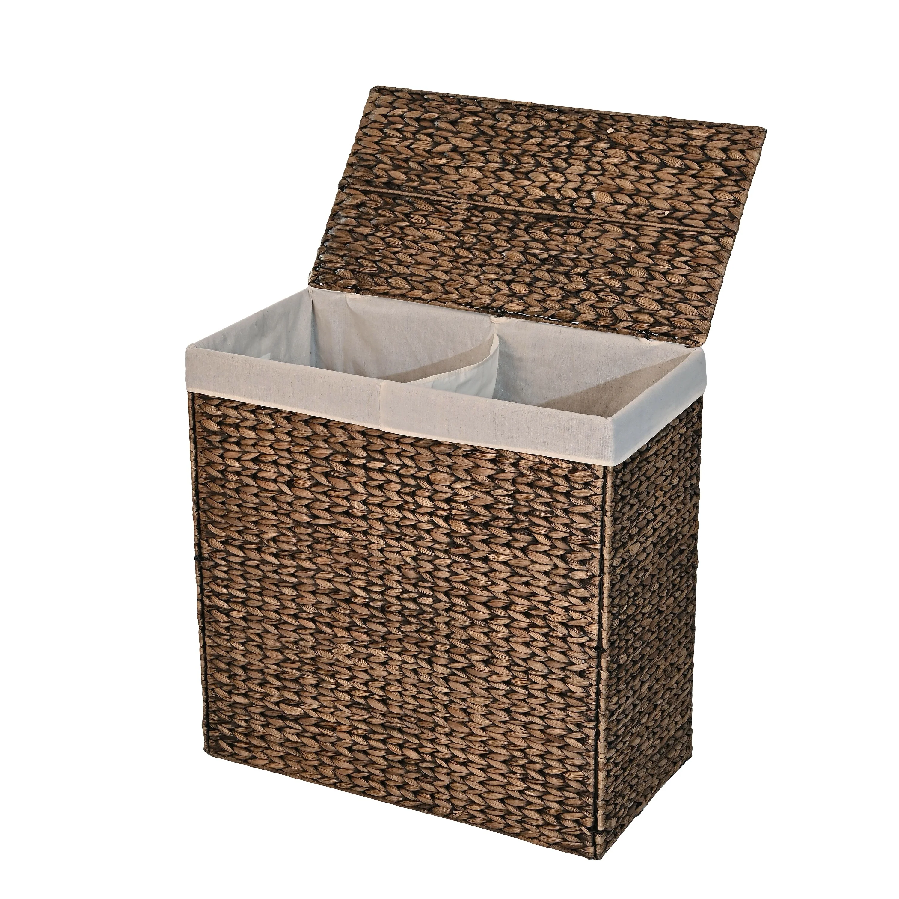 Handwoven 2-Section Collapsible Laundry Hamper, Washable Liner