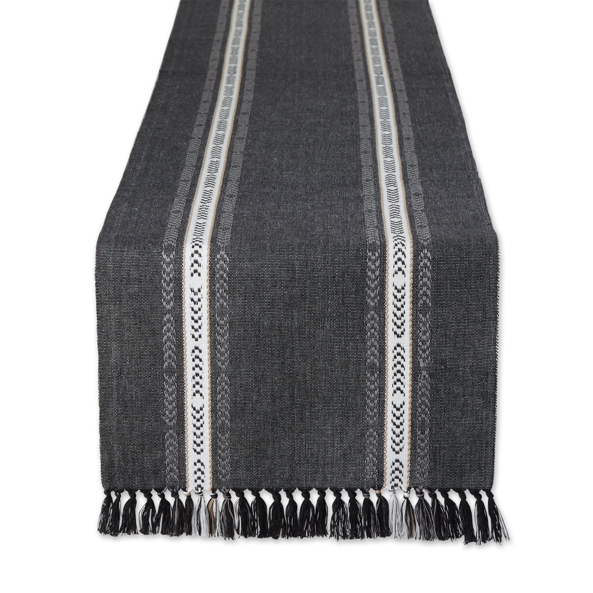 Black Dobby Striped Fringe Ribbed Table Runner