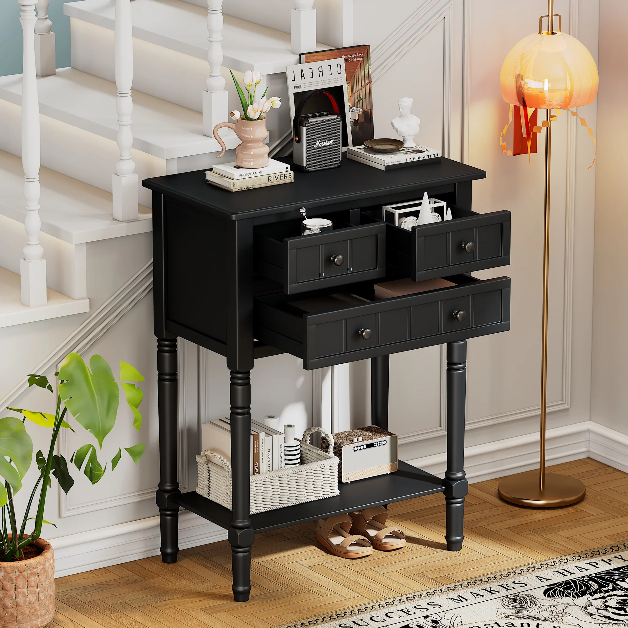Conquest Narrow Console Table with 3 Drawers and Bottom Shelf
