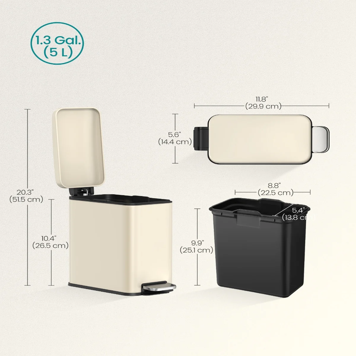 Stainless Steel Slim Bathroom Trash Can with Soft-Close Lid and Plastic Removable Inner Bucket