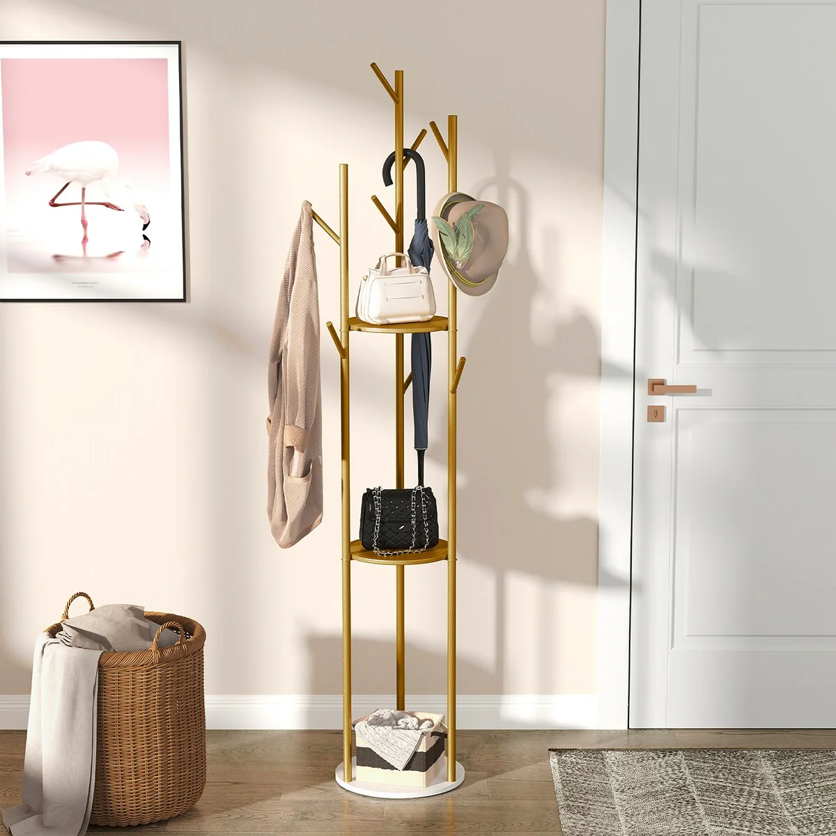 Marble Base Freestanding Clothes Hanging Rack Stand with Storage Shelf