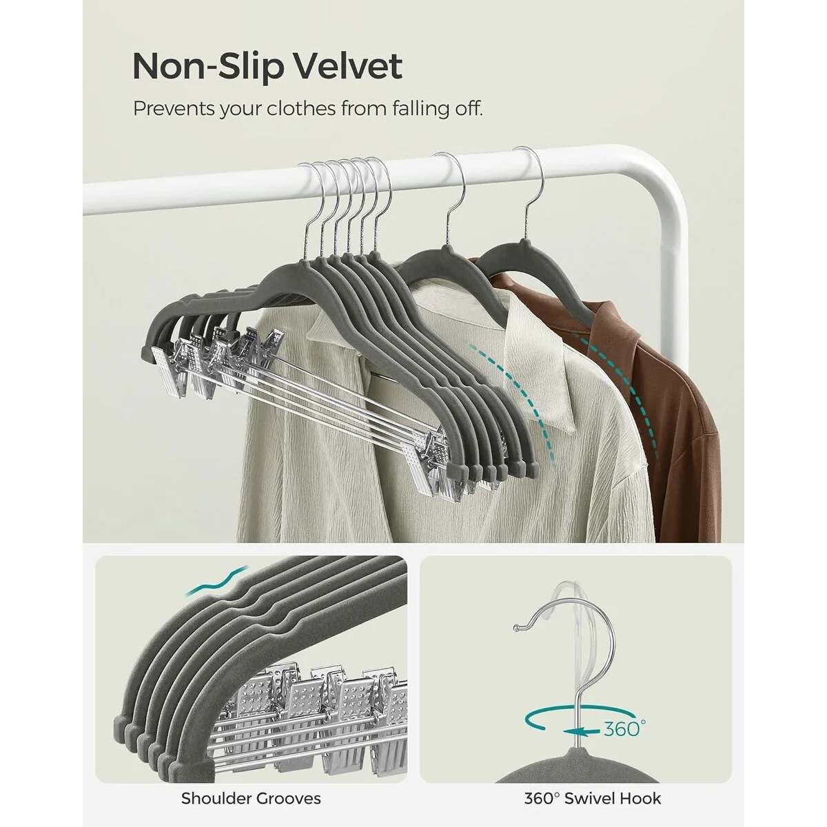 SONGMICS 30 Packs Velvet Hangers Skirt Pants Hangers with Adjustable Clips Non Slip Space Saving Clothes Hangers for Gray