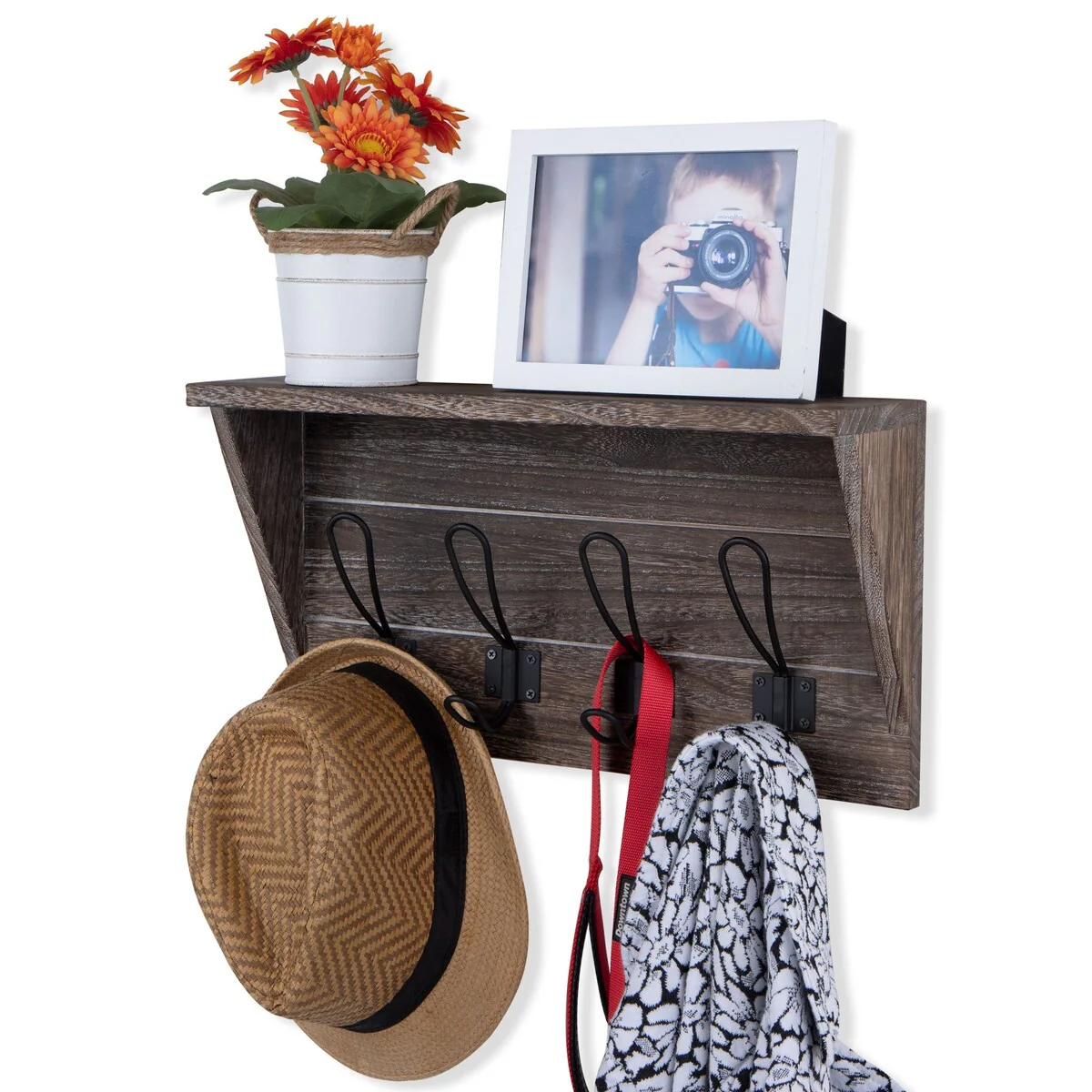 Wallniture 17'' Wood Wall Mounted Coat Rack with Shelf Entryway Mail Organizer Wood Key Holder 8 Hooks - N/A