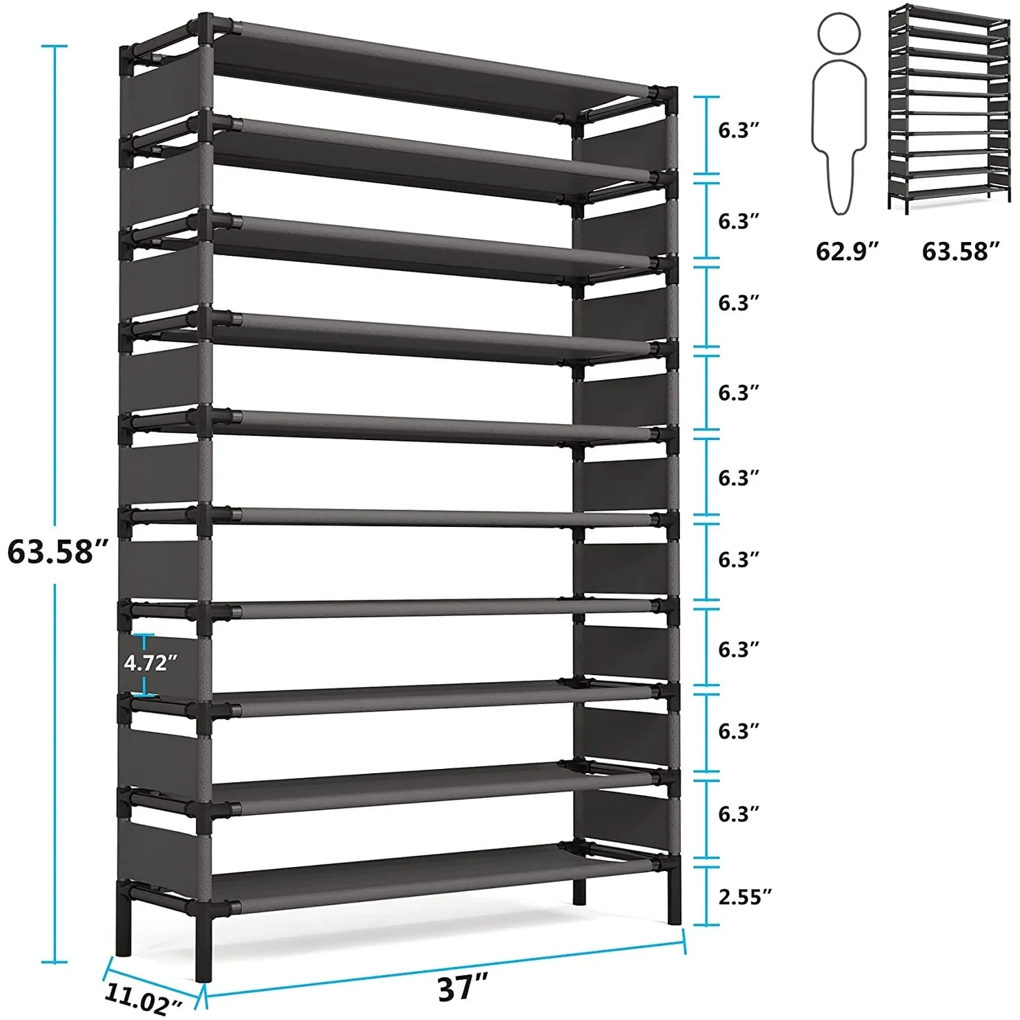 10 Tiers Shoe Rack, Large Capacity Shoe Organizer, Shoe Shelf for 50 Pair, Metal Shoe Rack, Tall Shoe Shelf - 10-tier