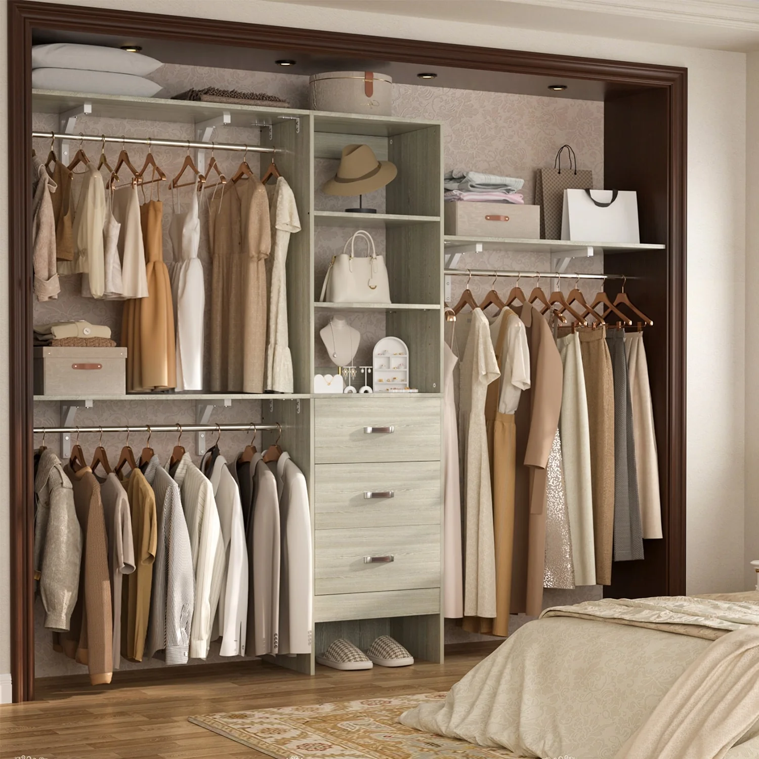 Rackcog 120'' Closet Organizer with Drawers, Closet System with DIY Shelves for Reach-in and Walk-in Closet