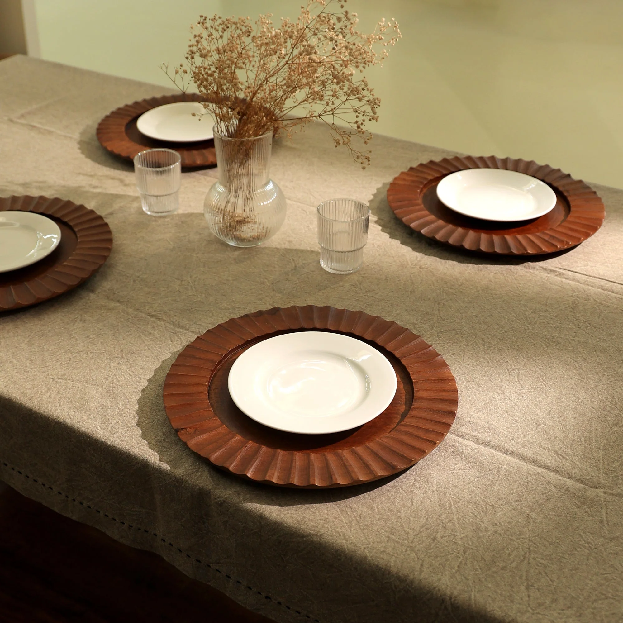 Fluted Handcrafted 13 Wood Brown Charger Plate