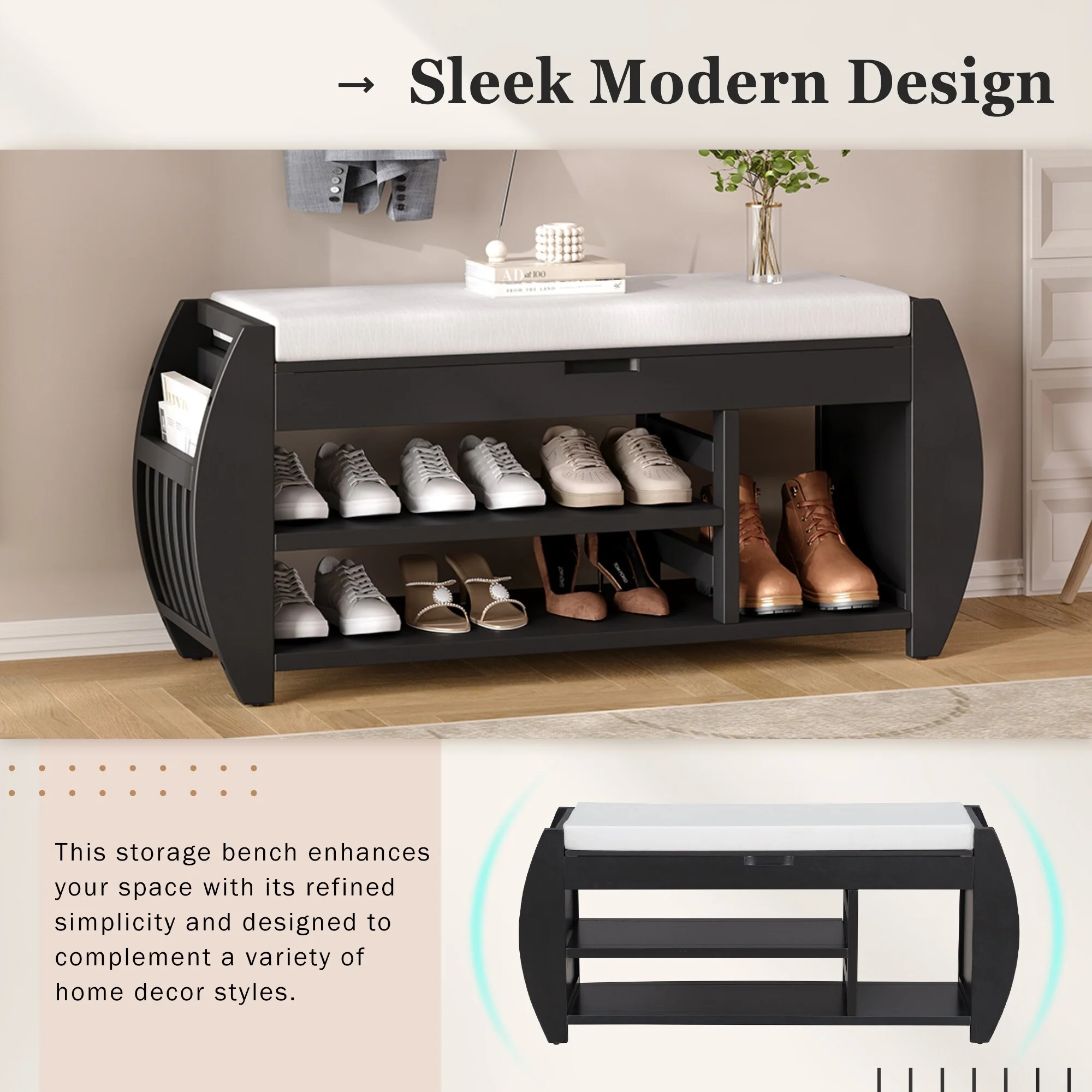 Multifunctional Storage Bench with Cushion and Curved Side Panel for Entrance and Living Room