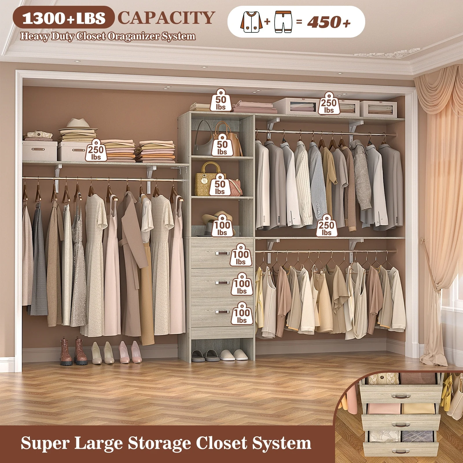 Rackcog 120'' Closet Organizer with Drawers, Closet System with DIY Shelves for Reach-in and Walk-in Closet