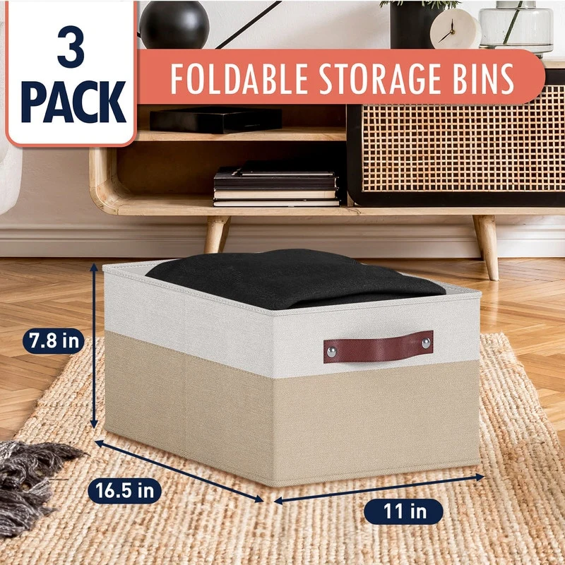 3 Pack Collapsible Shelf Basket Rectangle Storage Bins with Faux Leather Handles