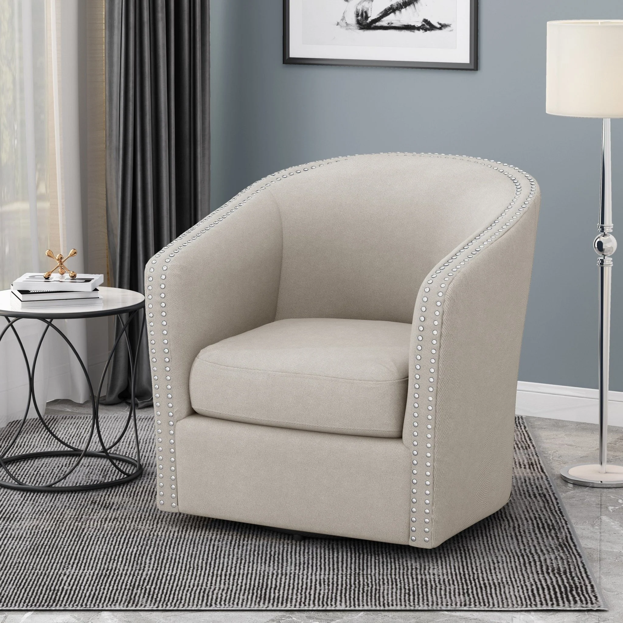 Riverbed Upholstered Swivel Chair with Nailhead Trim and Sloped Arms