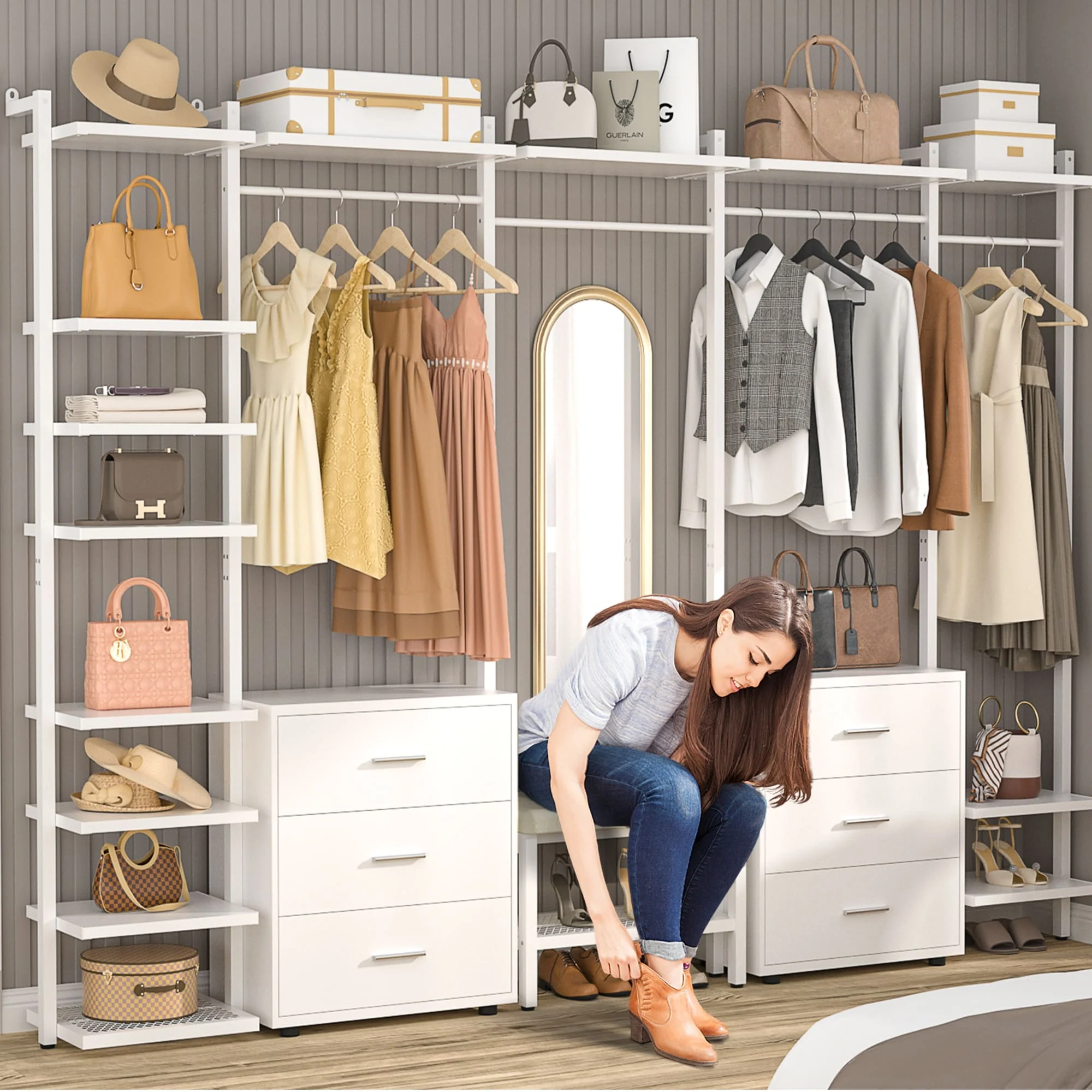 Walk in Closet System with 6 Closet Drawers, 96'' Multifunctional Clothes Rack Closet Organizer