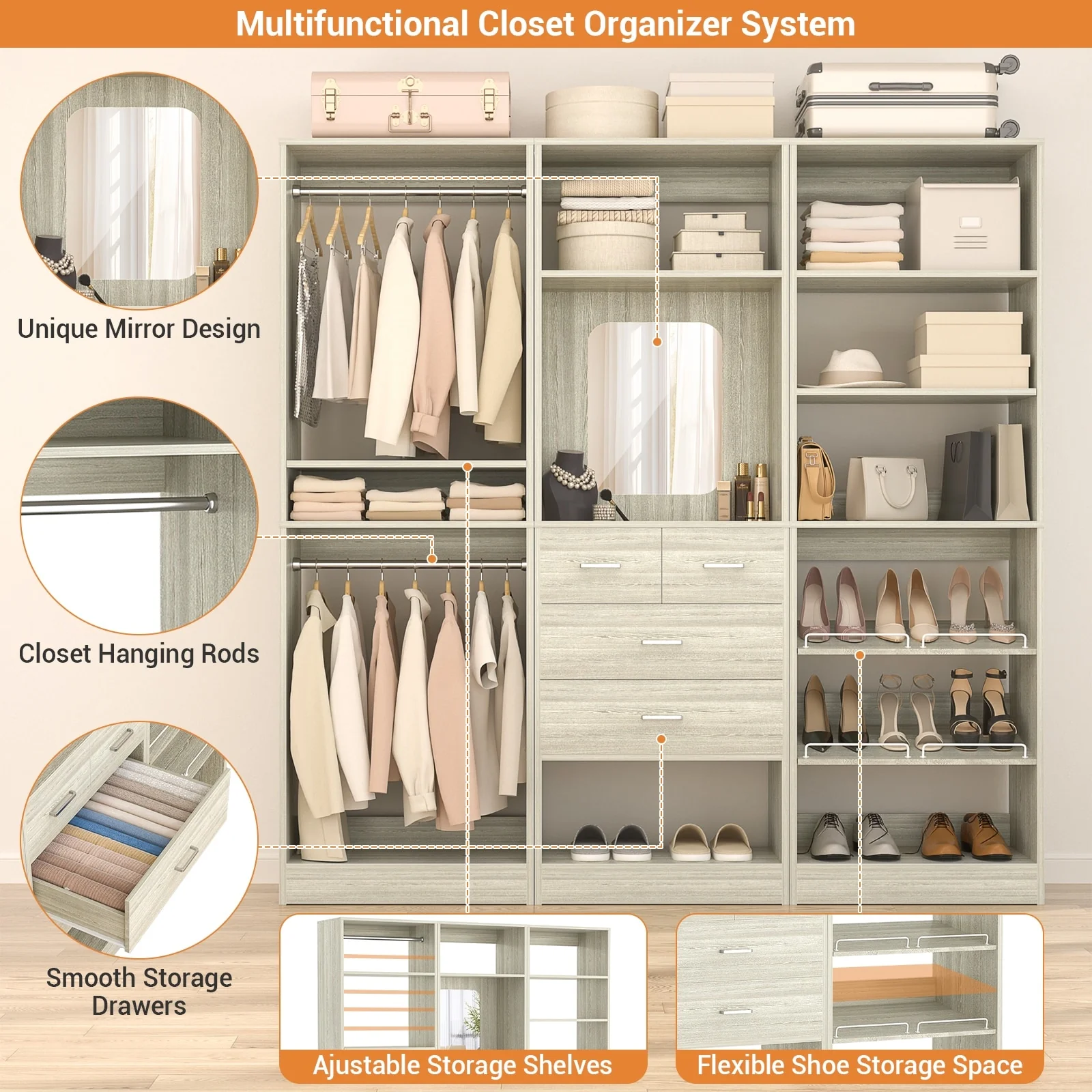 Cimly Set of 3 Freestanding Closet System with Drawers and Shoe Racks, 75'' Closet Organizer with Hanging Rods and Mirror