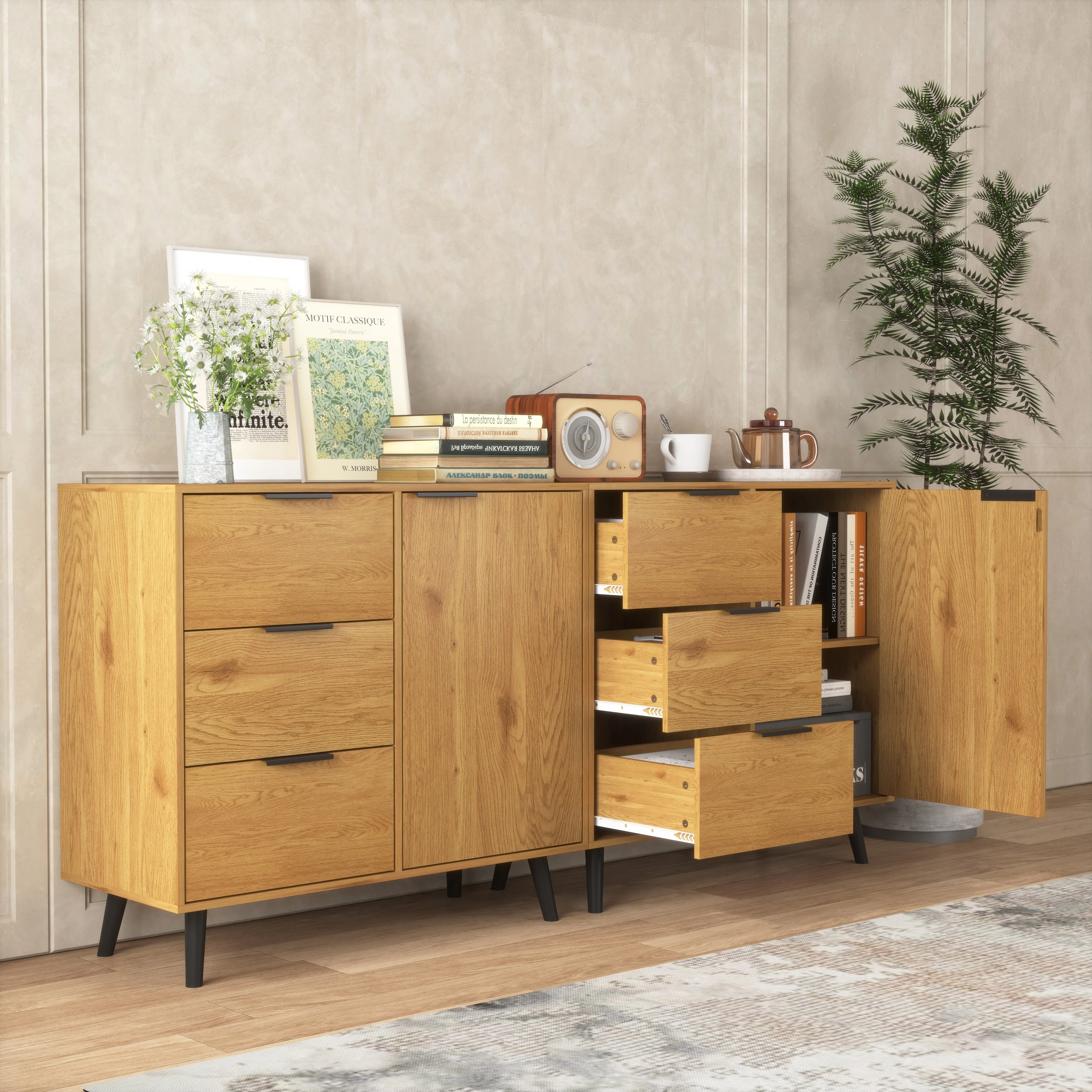 Sideboard Buffet Cabinet with Storage, Wood Coffee Bar Cabinet with Drawers & Doors