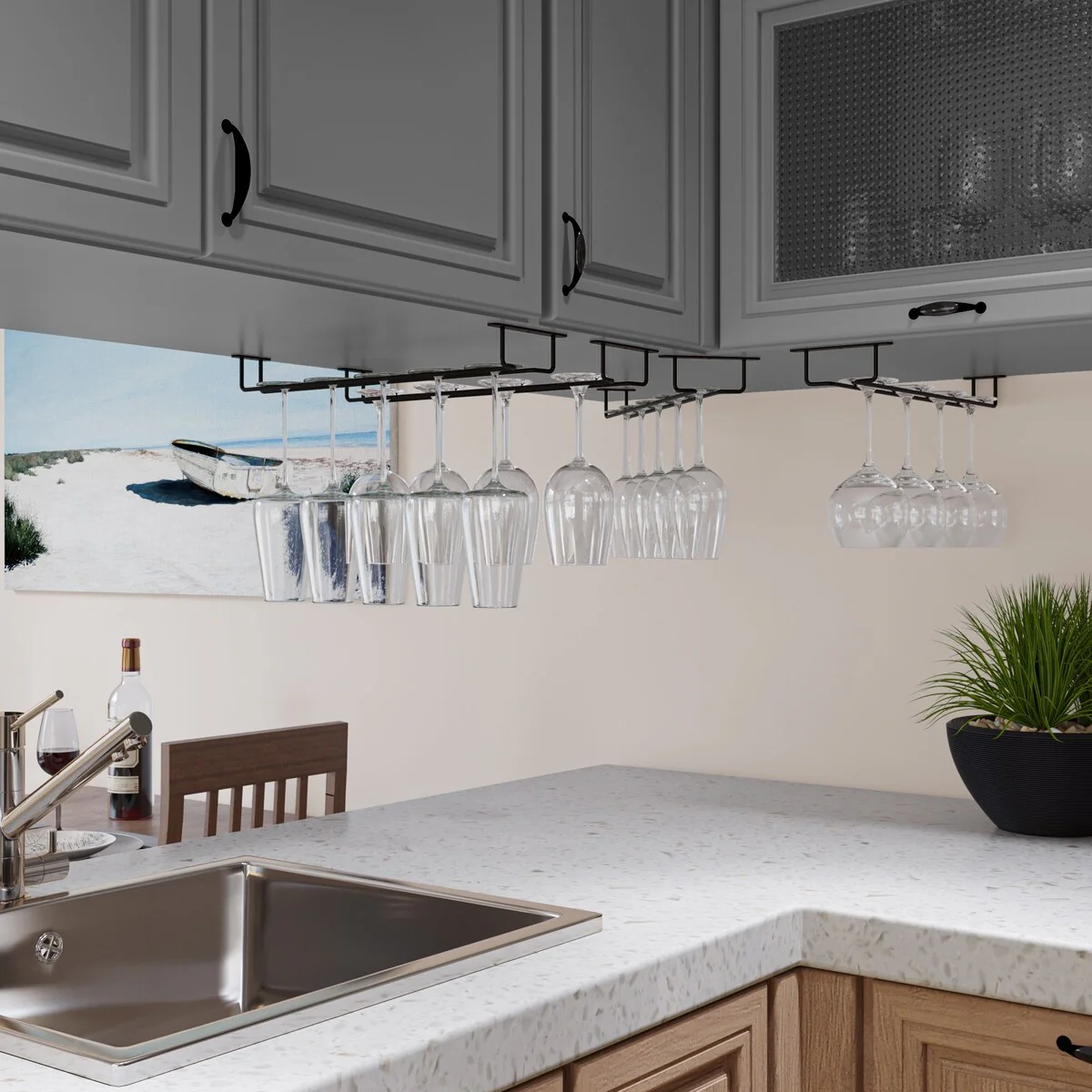 Wallniture Brix Stemware Wine Glass Rack Under Cabinet Storage Metal Glass Hanger (Set of 2)