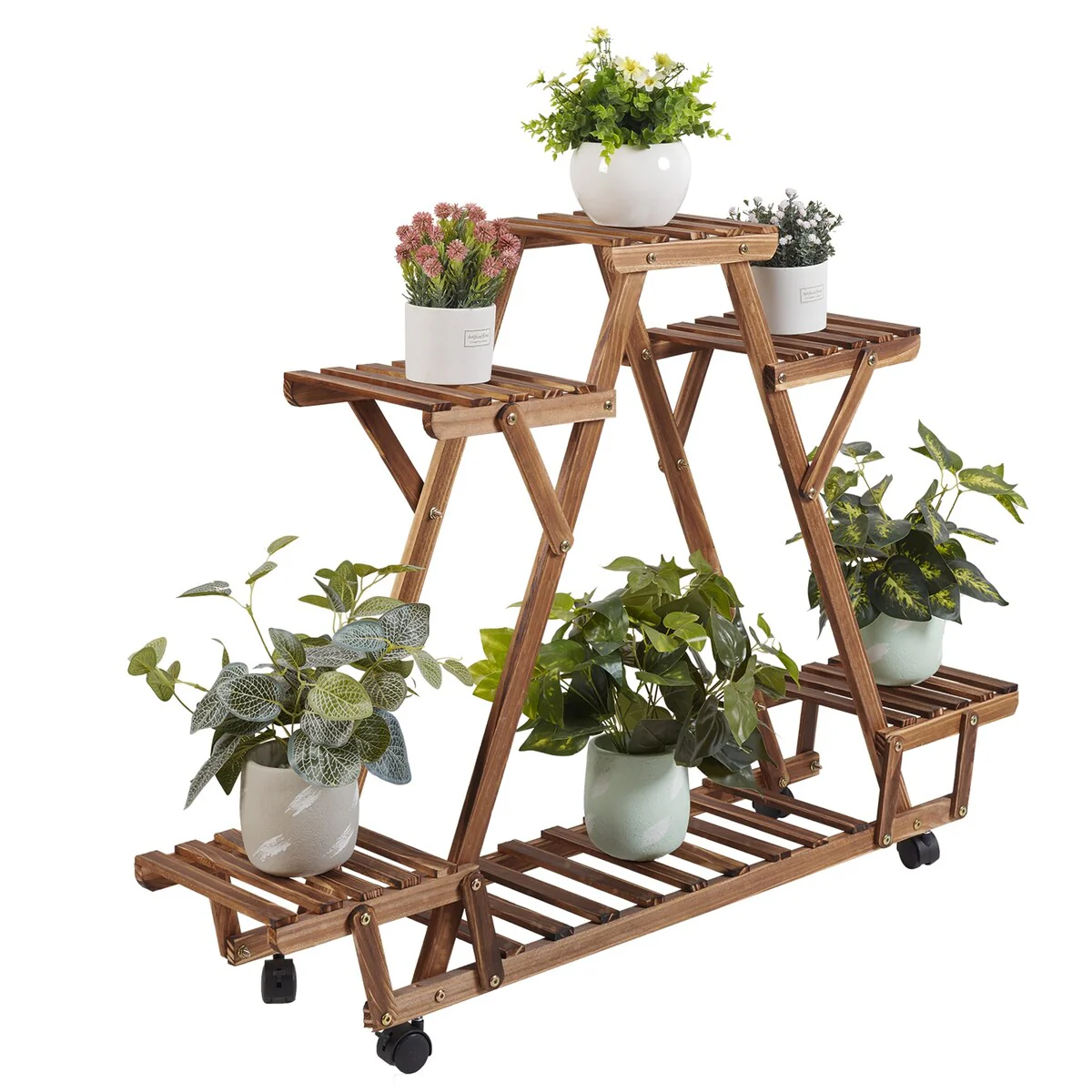 Movable Outdoor Ladder Plant Stand Garden Wood Rack with 6 Tiers
