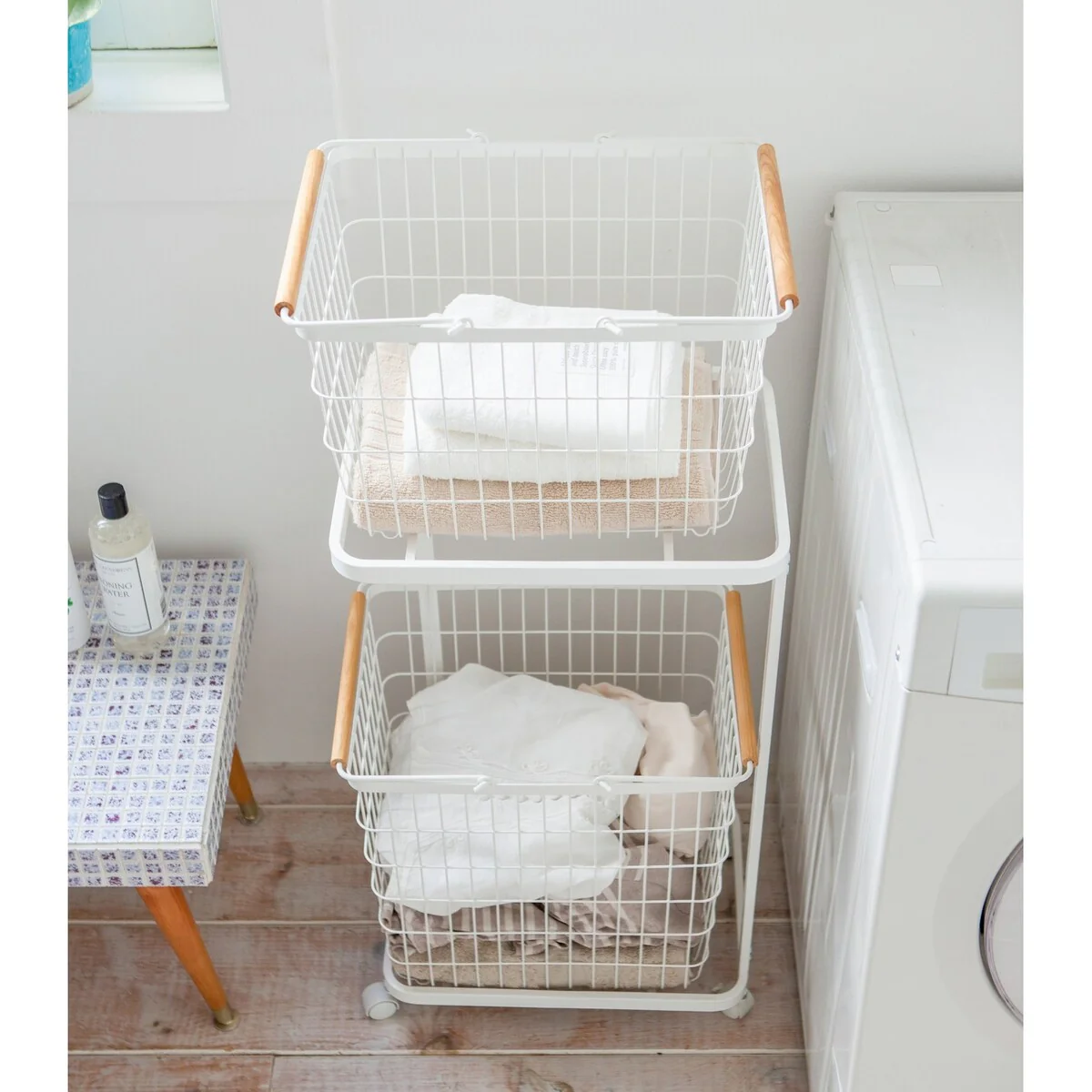 Yamazaki Home Rolling Laundry Cart, Steel & Wood, Short, Holds 26.4 lbs, Wheels - L 11.42 x W 15.75 x H 27.36 inches