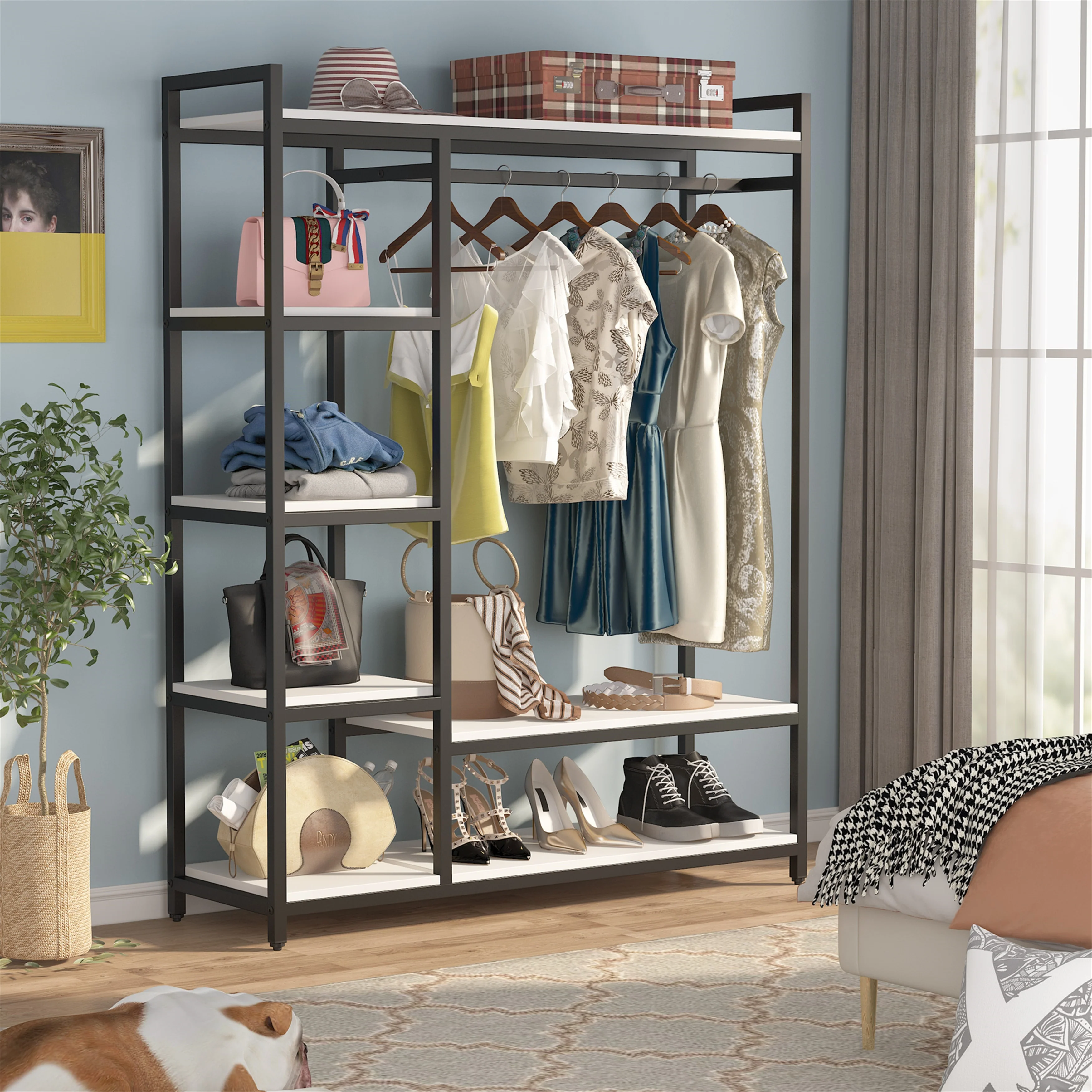 Black/ White Modern Clothes Garment Rack,Metal and Wood Closet Rack Closet Organizer System with Hanging Rod and Shelf