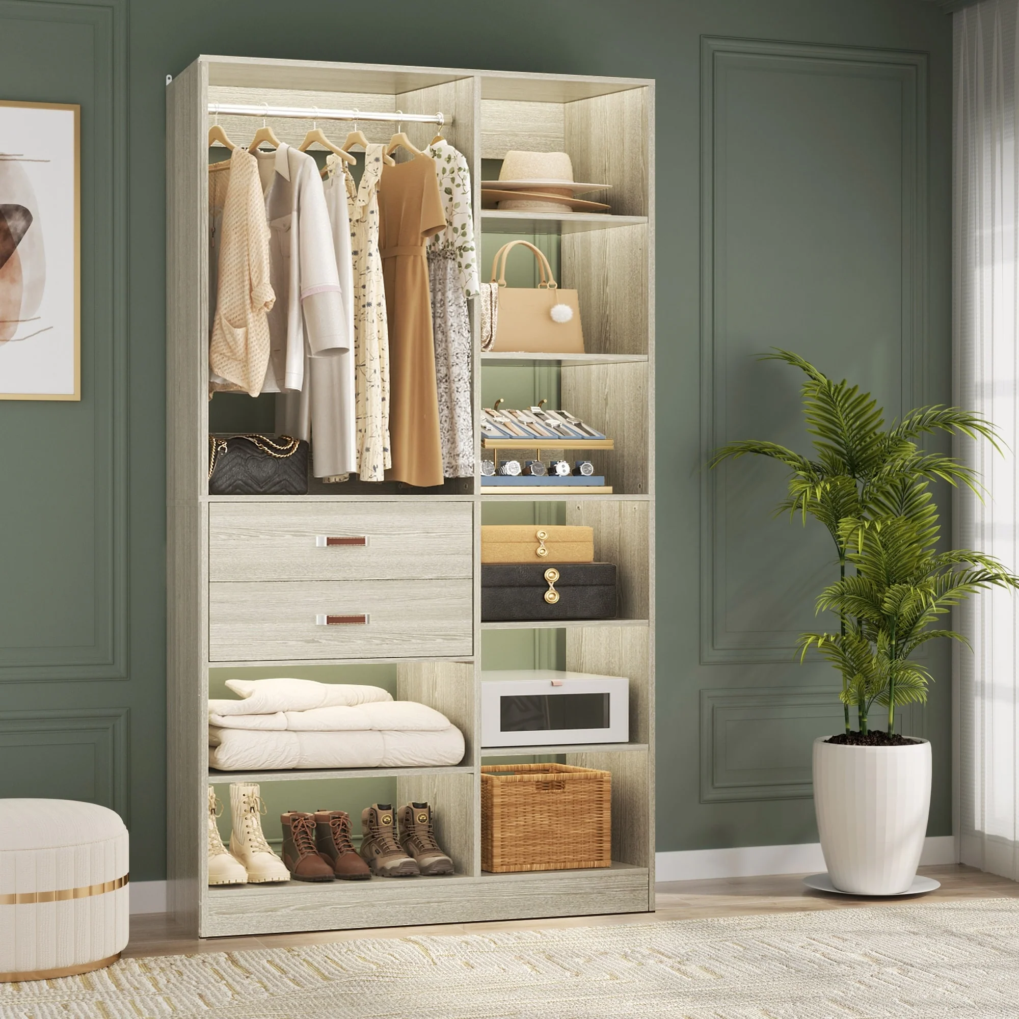 Vryon 40'' W Freestanding Closet System with 10 Storage Shelves and 2 Drawers and 1 Hanging Rods