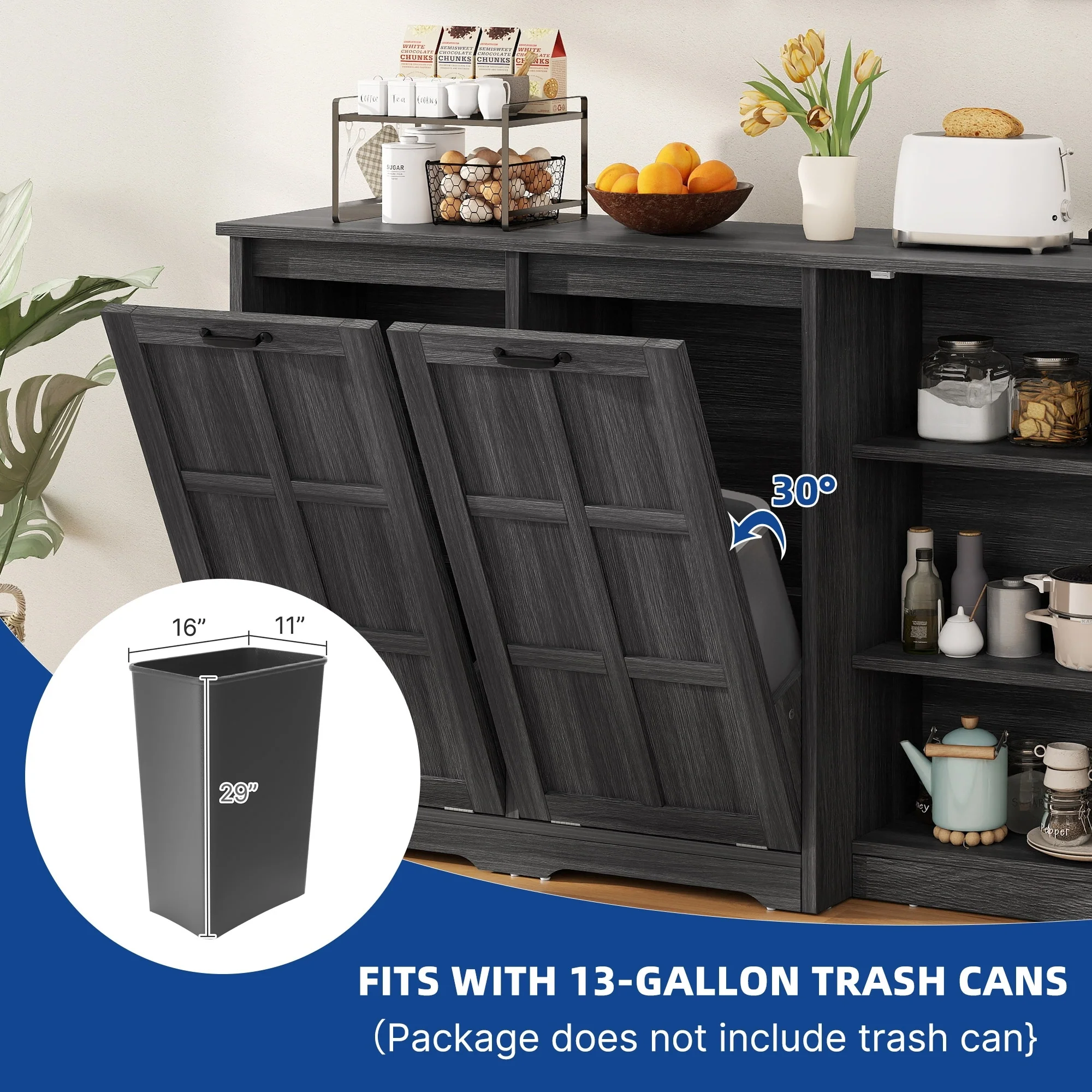 Moasis Kitchen Island with Double Tilt Out Trash Cabinet(13 Gallon) with Adjustable Shelves and Charging Station
