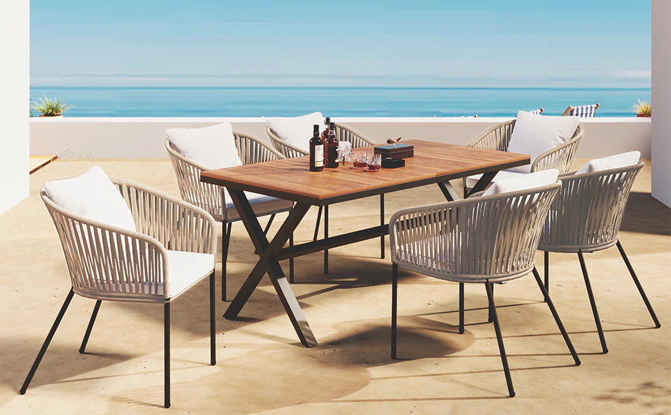 Exalted 7-Piece Outdoor Dining Set with Curved Back Chair and Rectangle Table