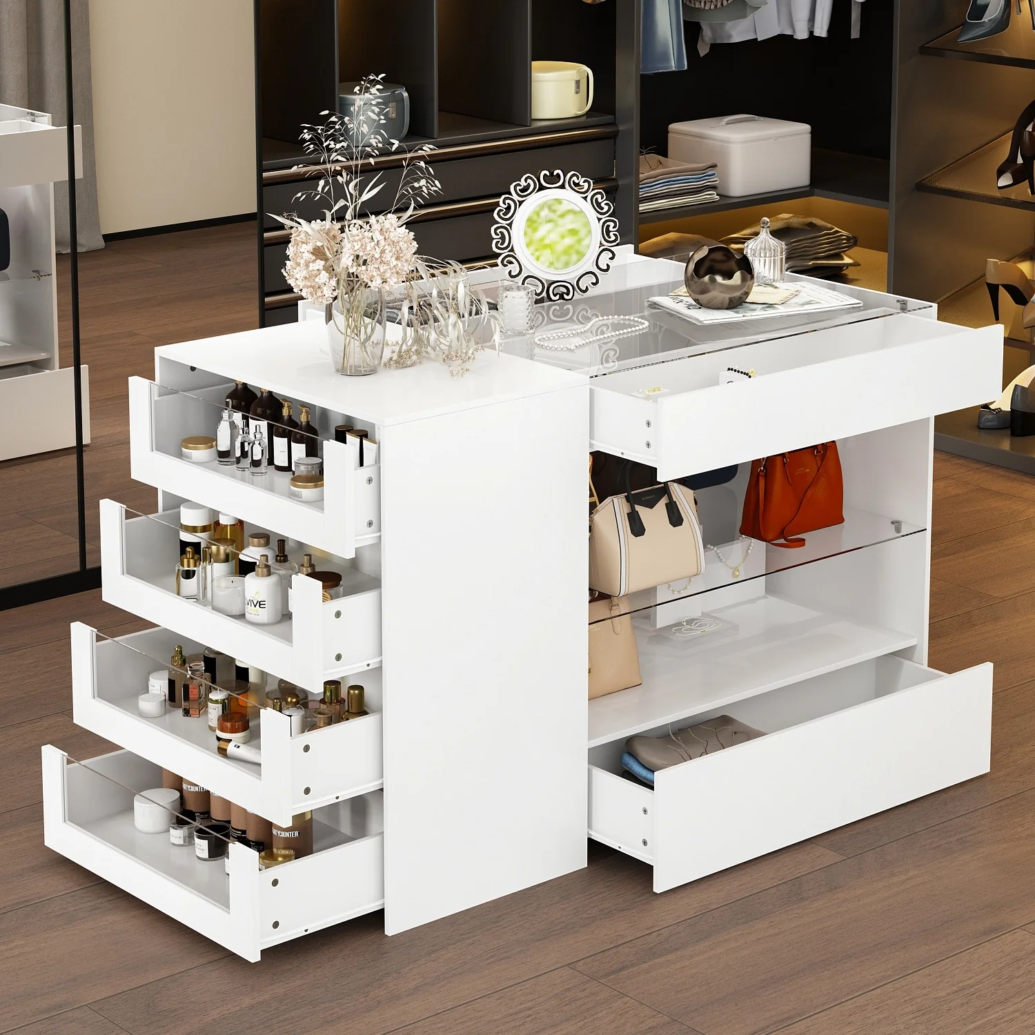 Dressing Island with Glass Shelves Spacious White Organizer Closet - 47.2