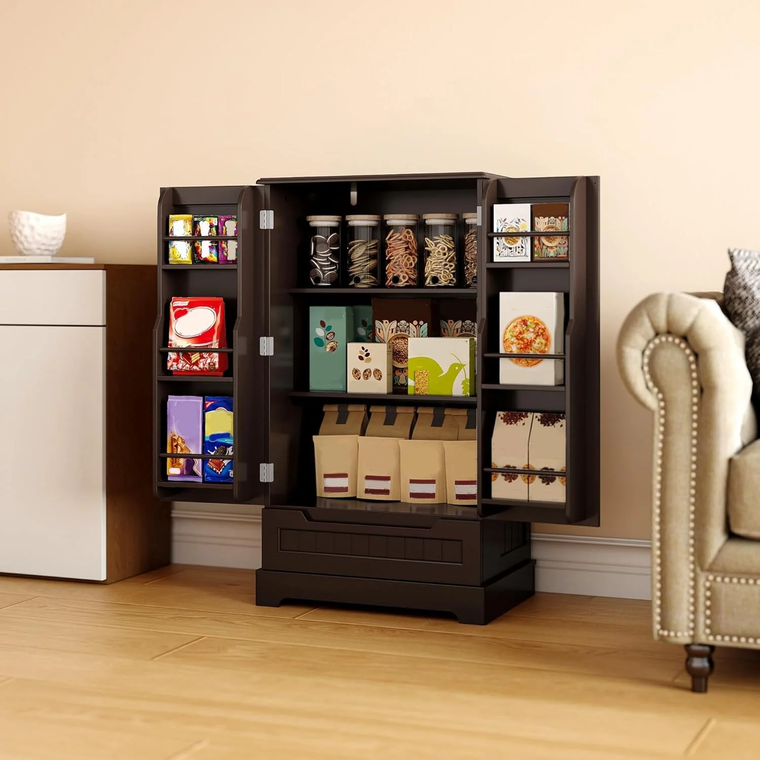 Kitchen Pantry Storage Cabinet, Freestanding Storage with Shelves and 1 Drawer
