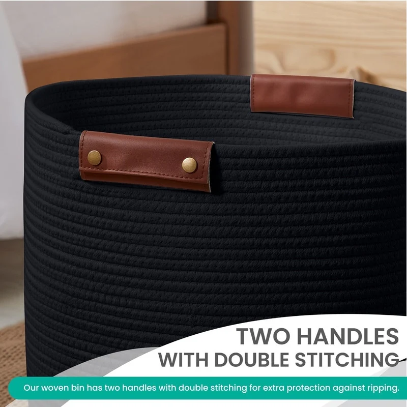 Large Cotton Rope Storage Basket Laundry Hamper Woven Basket with Leather Handles -16 x 18 - 16