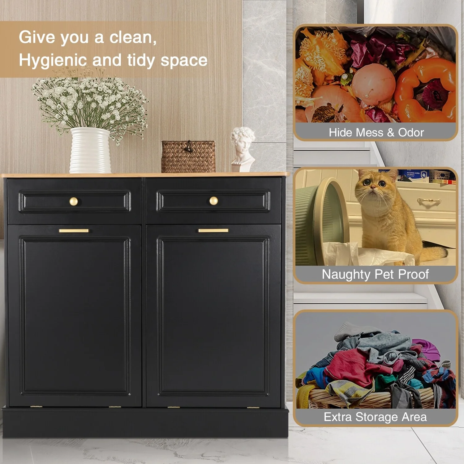 Eclife Double Tilt Out Trash Cabinet Dual Wooden Kitchen Island Recycling Cabinet Trash Can