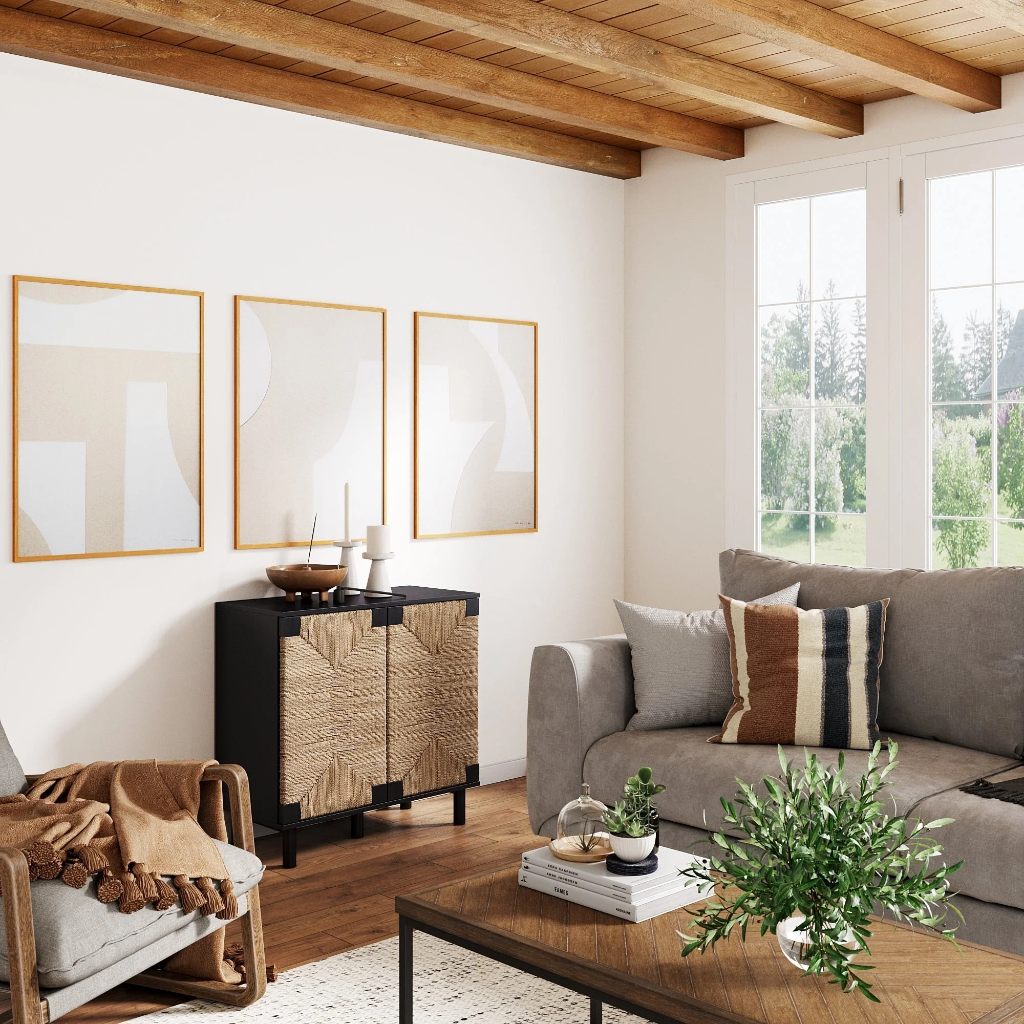 Nathan James Beacon Wood Accent Cabinet with Seagrass Doors and Adjustable Shelf