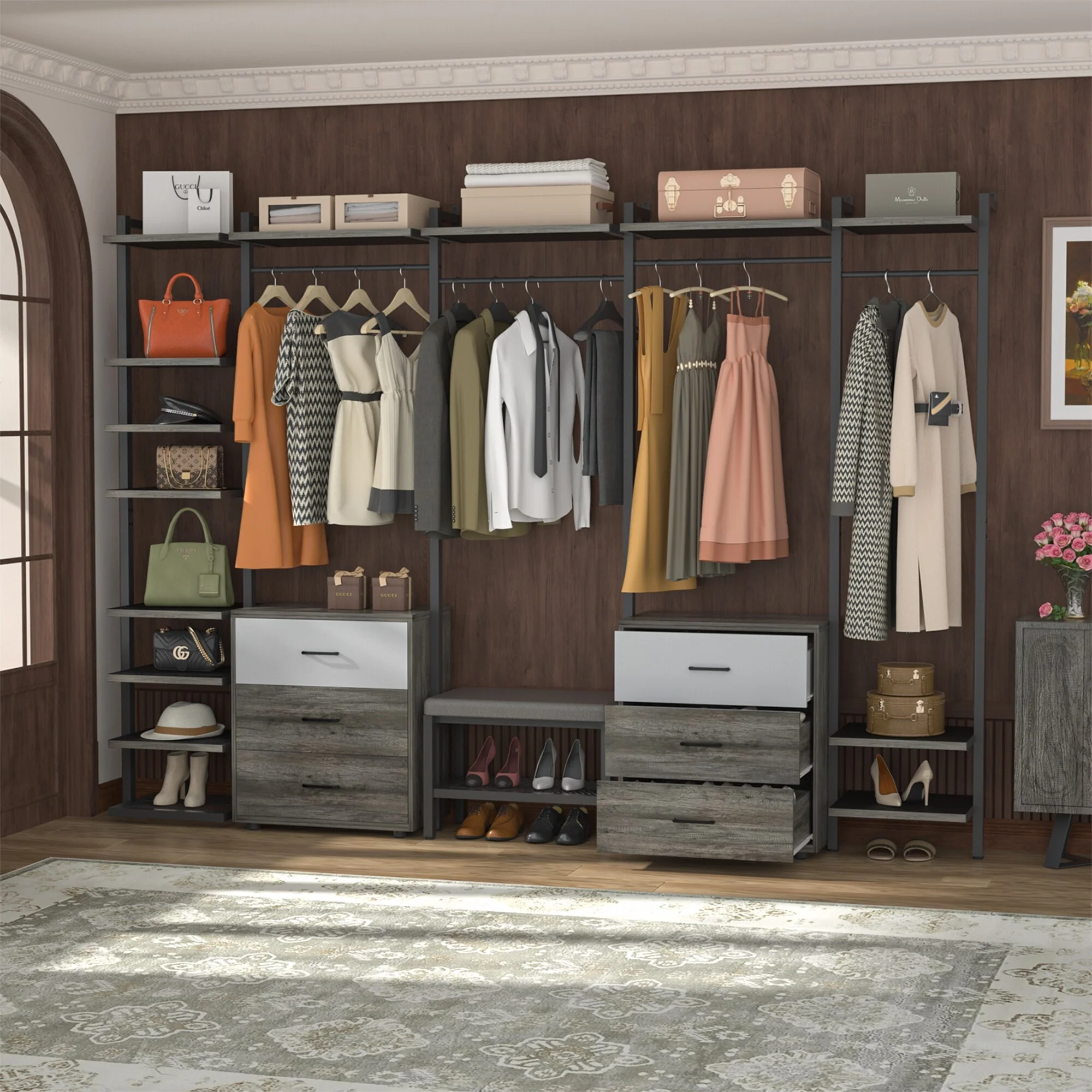 Walk in Closet System with 6 Closet Drawers, 96'' Multifunctional Clothes Rack Closet Organizer