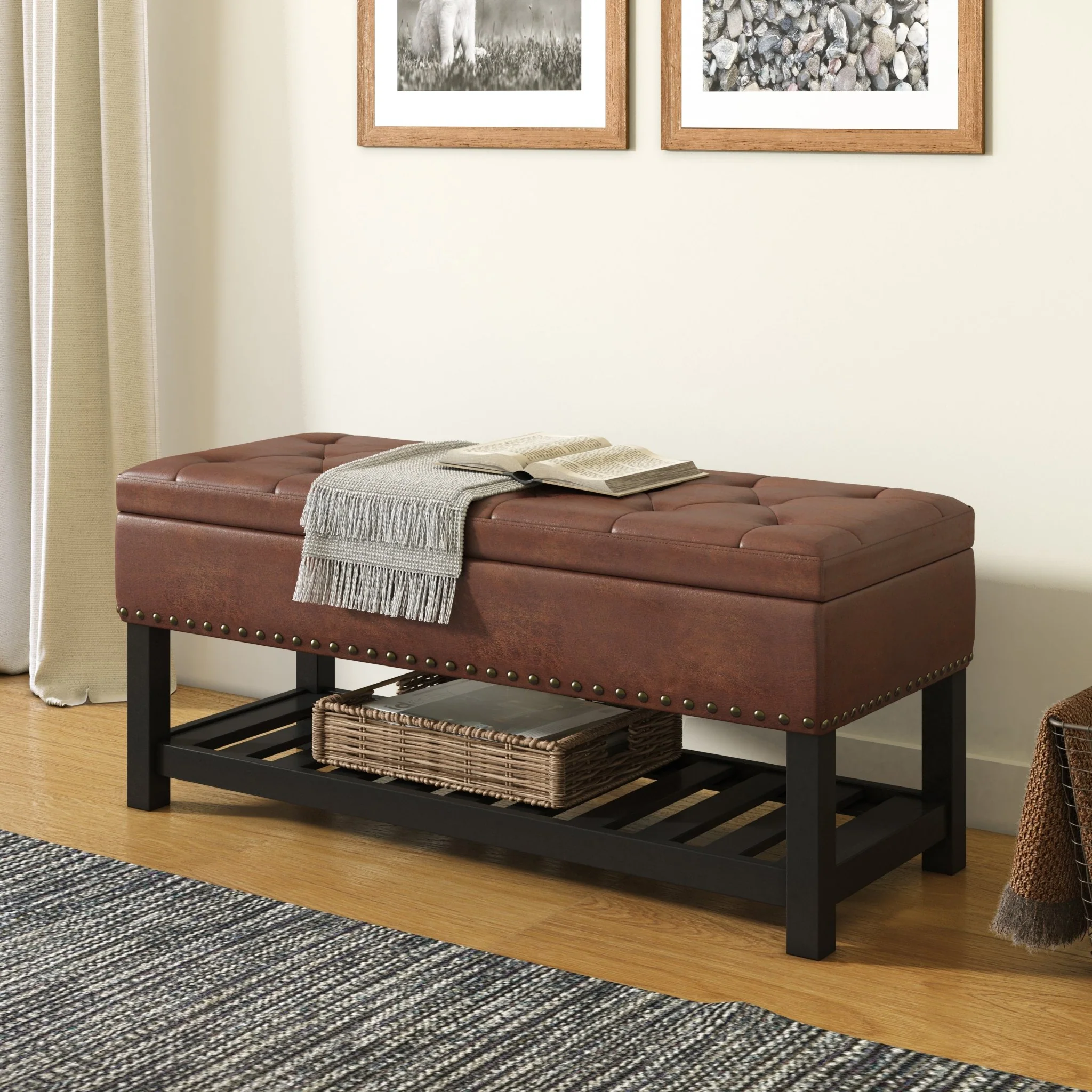 Upholstered Faux Leather Storage Ottoman with Tufted Top, Nailhead Trim and Open Bottom Shelf