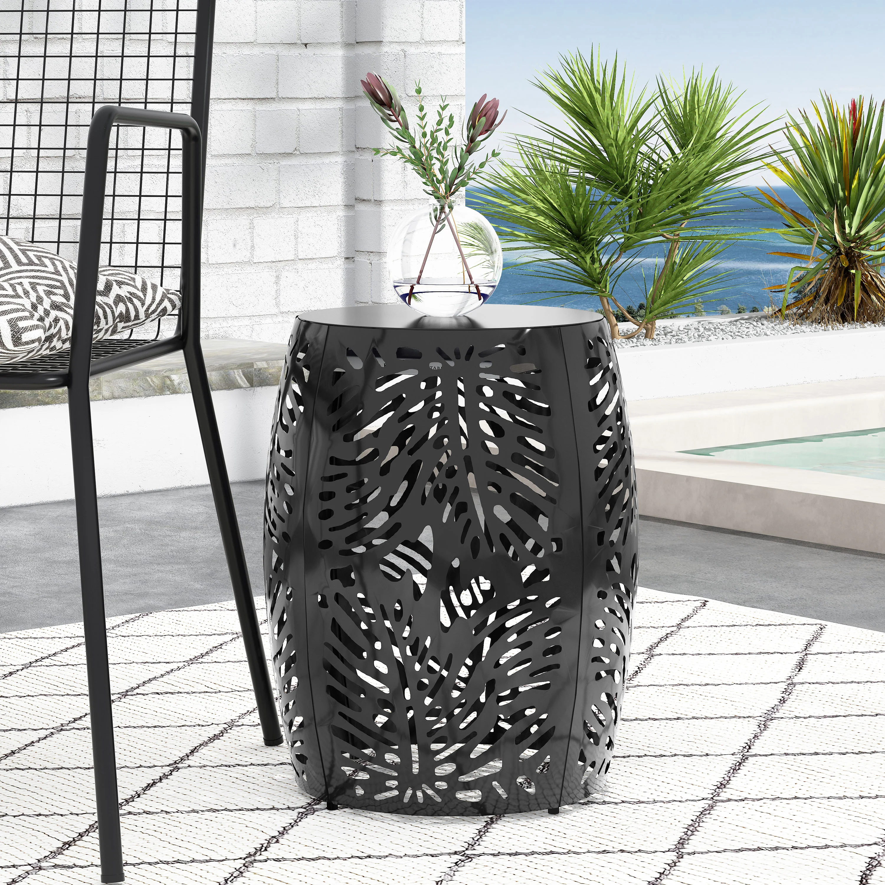 Rebirth Outdoor End Table with Tropical Palm Leaf Pattern and Iron Frame