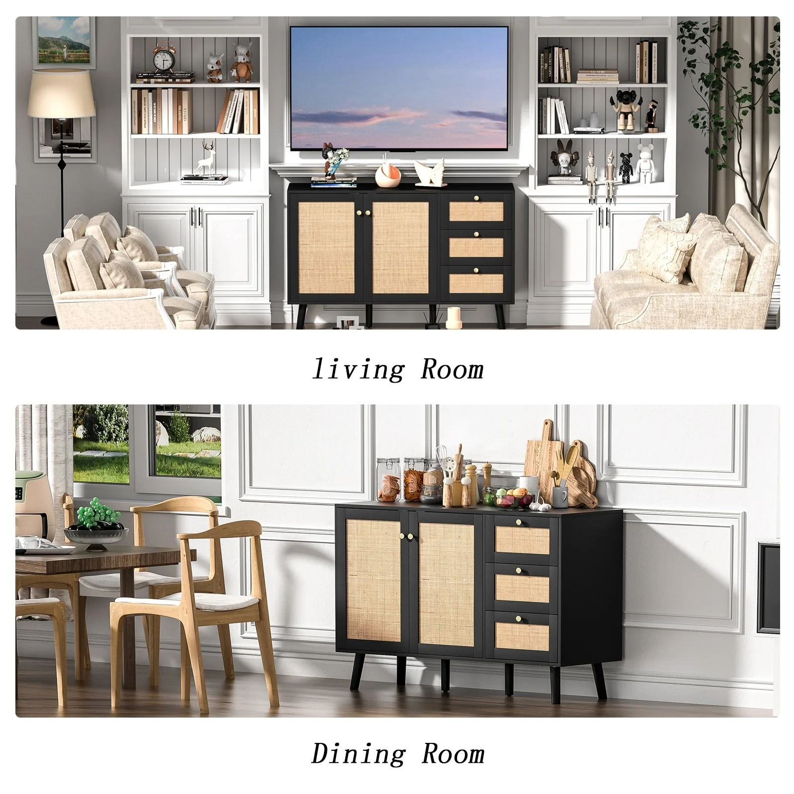 Anmytek Mid-Century Modern 2-Door Wood Rattan Buffet Sideboard Kitchen Storage Cabinet with 3 Drawers