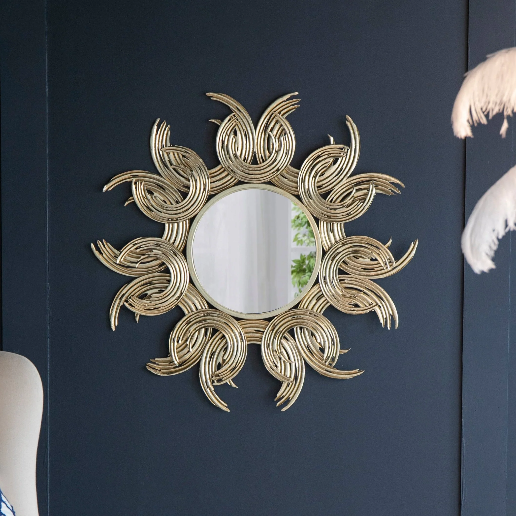 Wall Mirror with Sunburst Design and Metal Frame