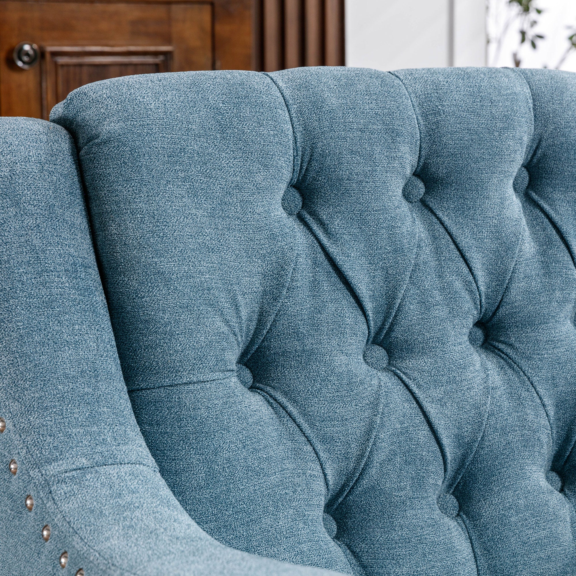 Button-Tufted Upholstered Accent Chair with Nailhead Trim and Turned Legs