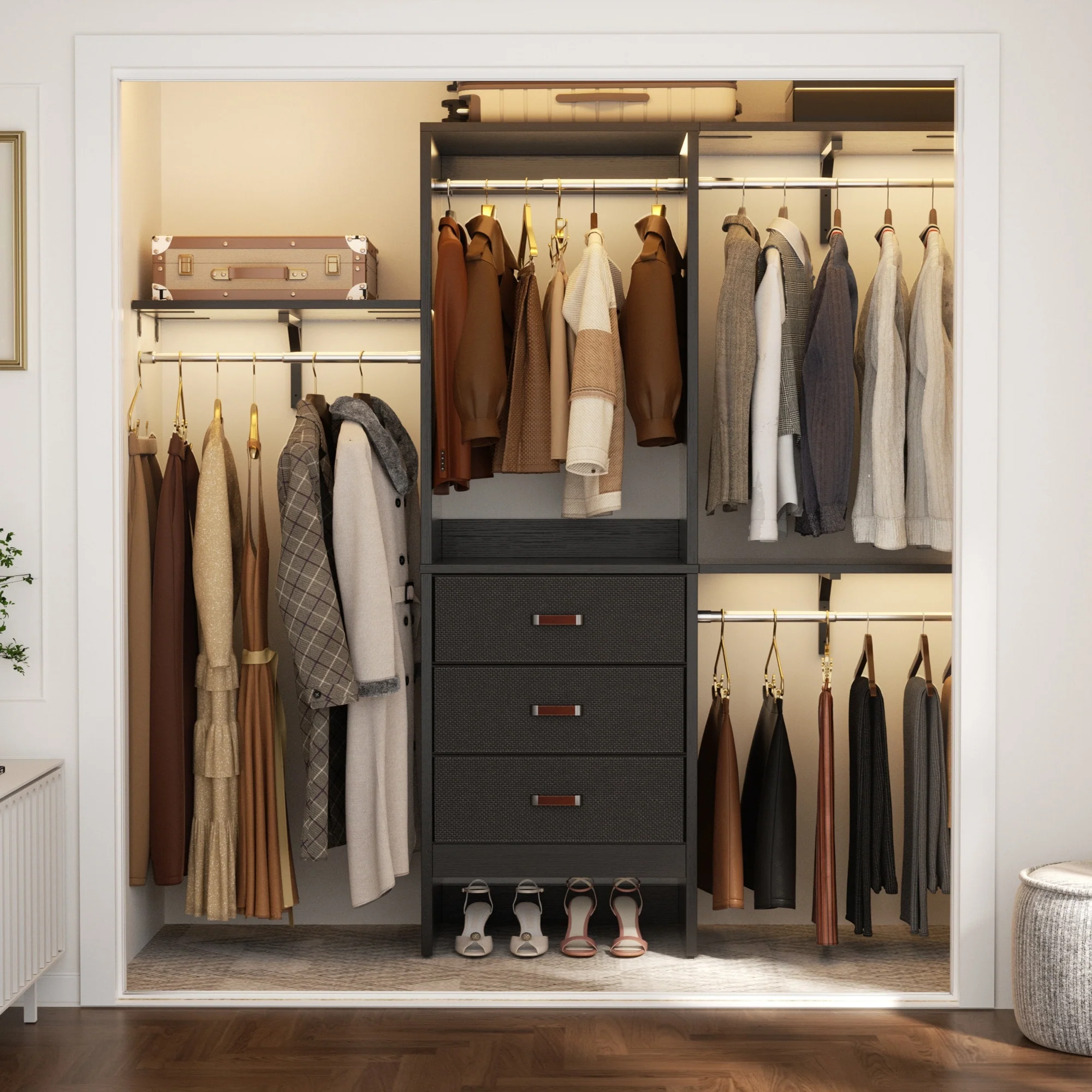 4FT Kid‘s Closet System with Fabric Drawers, DIY Closet Organizer with Adjustable Hanging Rods
