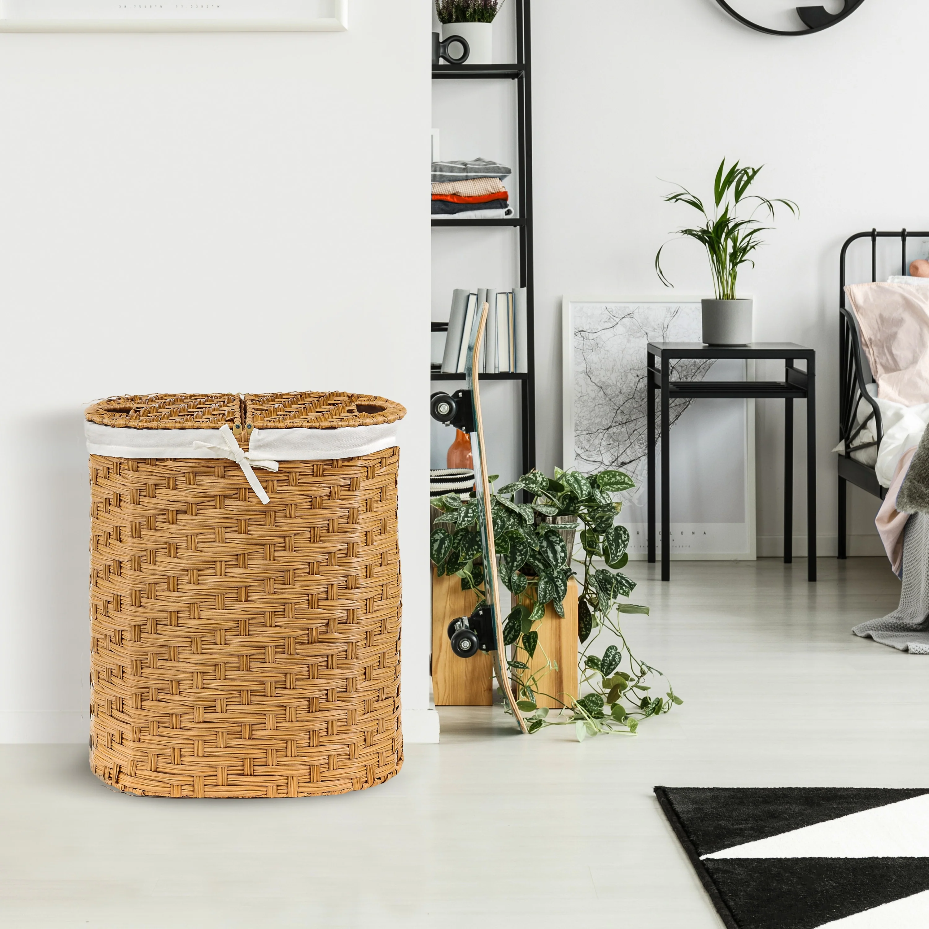 Seville Classics Handwoven Lidded Oval Double Laundry Hamper