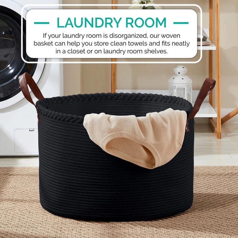 Large Round Cotton Rope Storage Basket Laundry Hamper with Leather Handles, 21 x 21 x 14 - 21