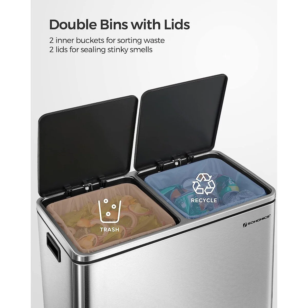Dual Trash Can, 2 x 8-Gallon Rubbish Bin